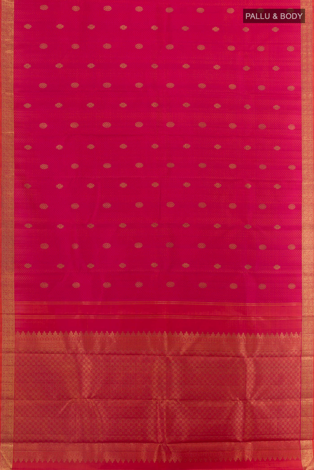 Flat view of Pink Kanjivaram Silk Saree with Jacquard With Zari Butta on the body and Zari Border. 