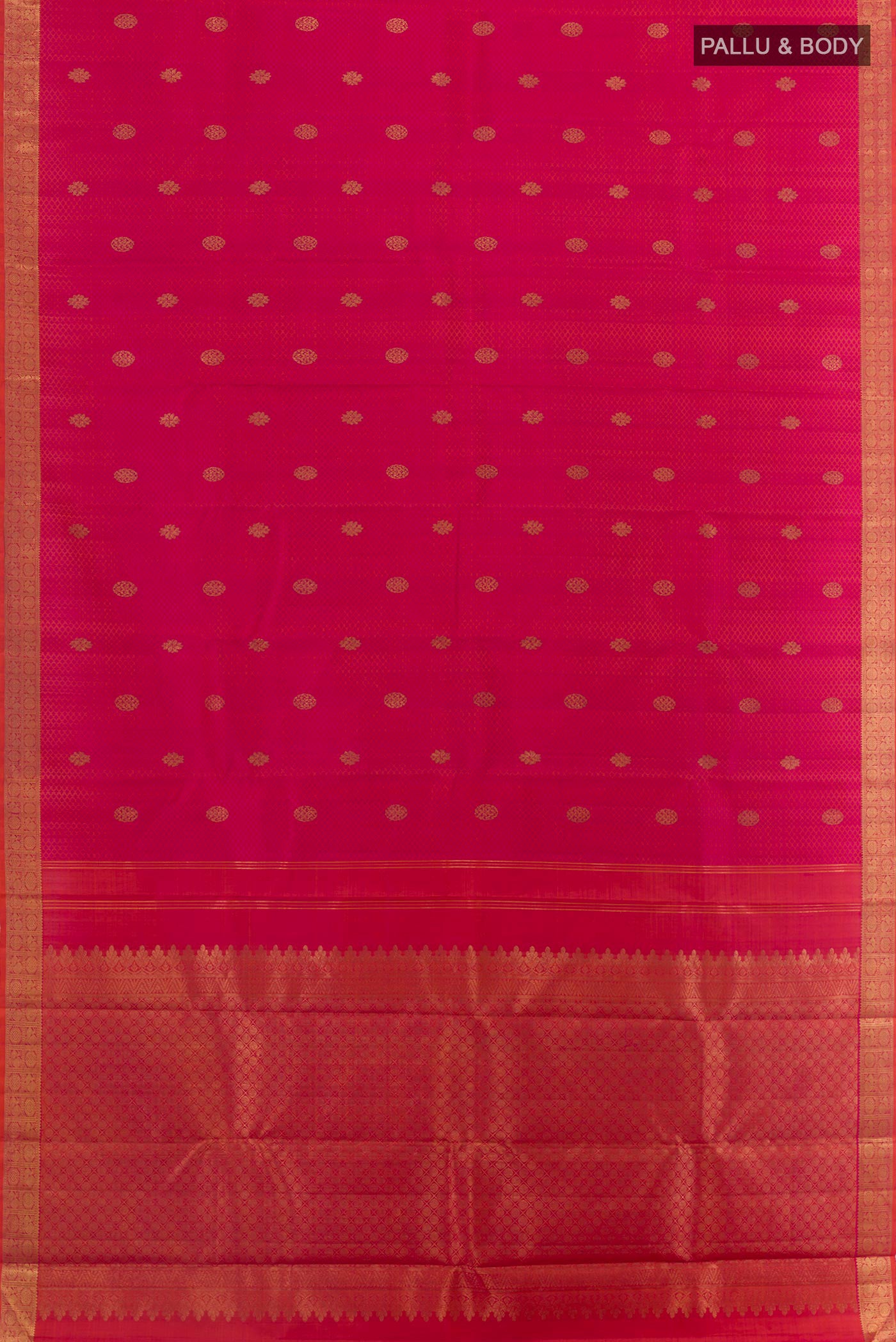 Flat view of Pink Kanjivaram Silk Saree with Jacquard With Zari Butta on the body and Zari Border. 