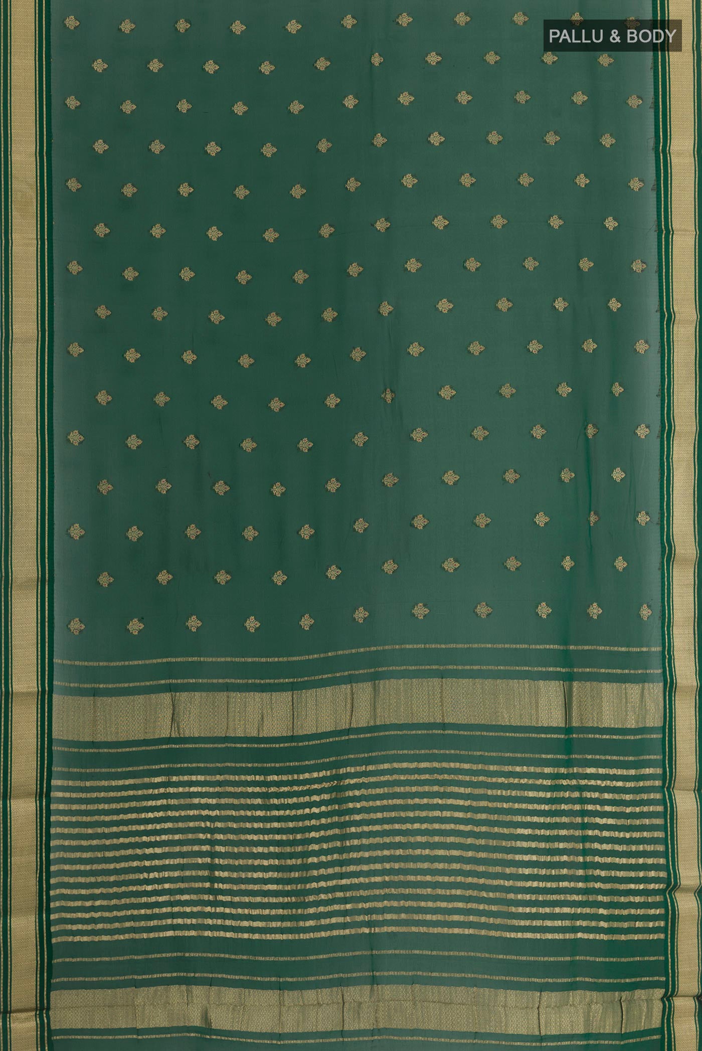 Flat view of Green Chiffon Saree with Zari Butta on the body and Zari Border. 