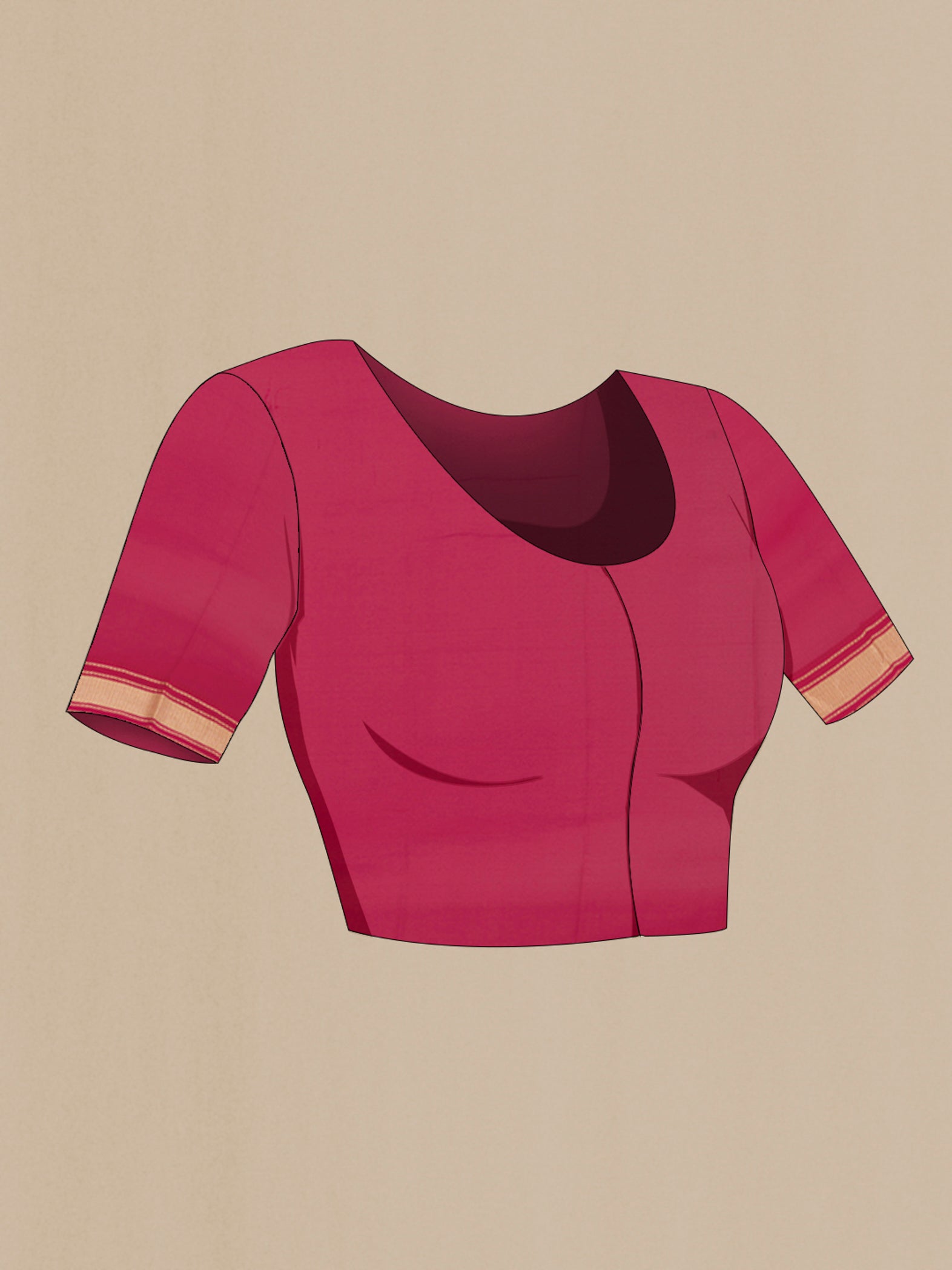 Close up image of the blouse of Rani Pink Chiffon Saree with Zari Butta on the body and Zari Border. 