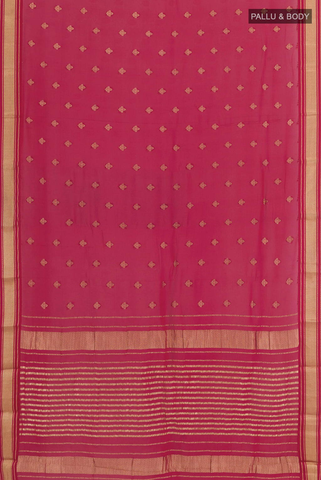 Flat view of Rani Pink Chiffon Saree with Zari Butta on the body and Zari Border. 