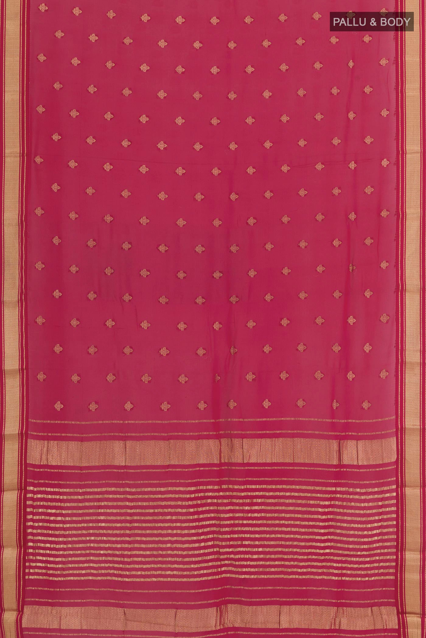 Flat view of Rani Pink Chiffon Saree with Zari Butta on the body and Zari Border. 