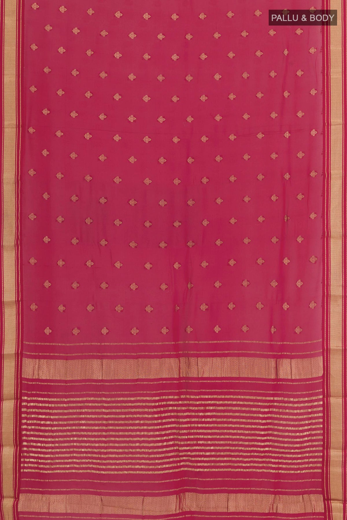 Flat view of Rani Pink Chiffon Saree with Zari Butta on the body and Zari Border. 