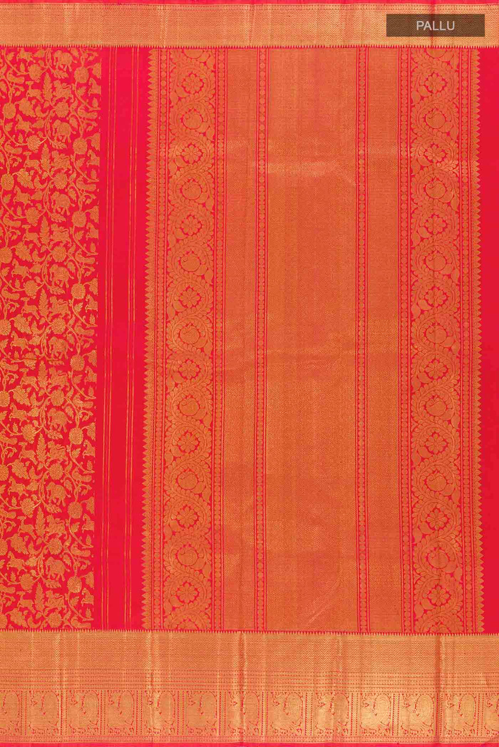 Close up image of the pallu of Pink Dual Tone Kanchipuram Silk Saree with Zari Brocade on the body and Zari Border. 