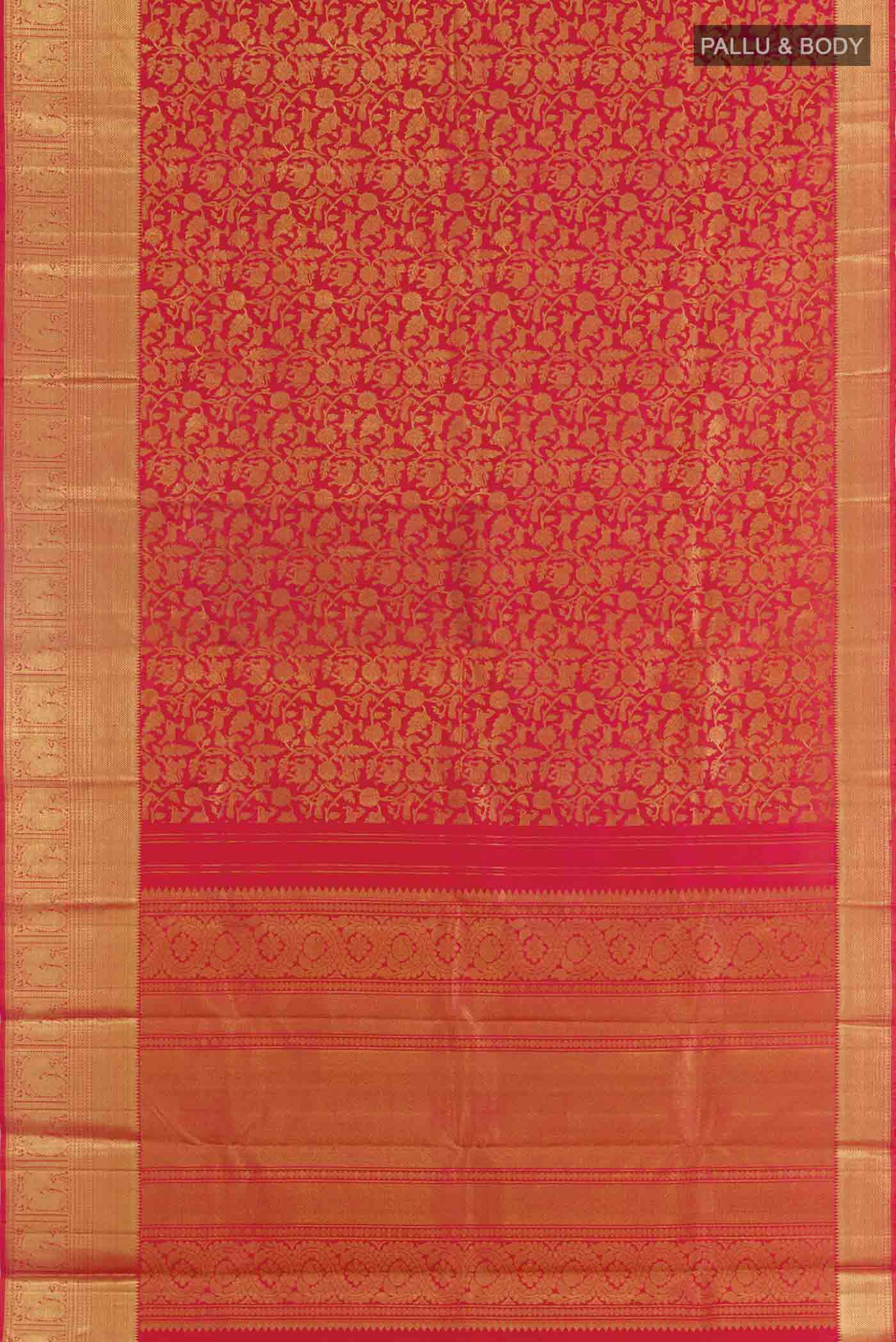 Flat view of Pink Dual Tone Kanchipuram Silk Saree with Zari Brocade on the body and Zari Border. 