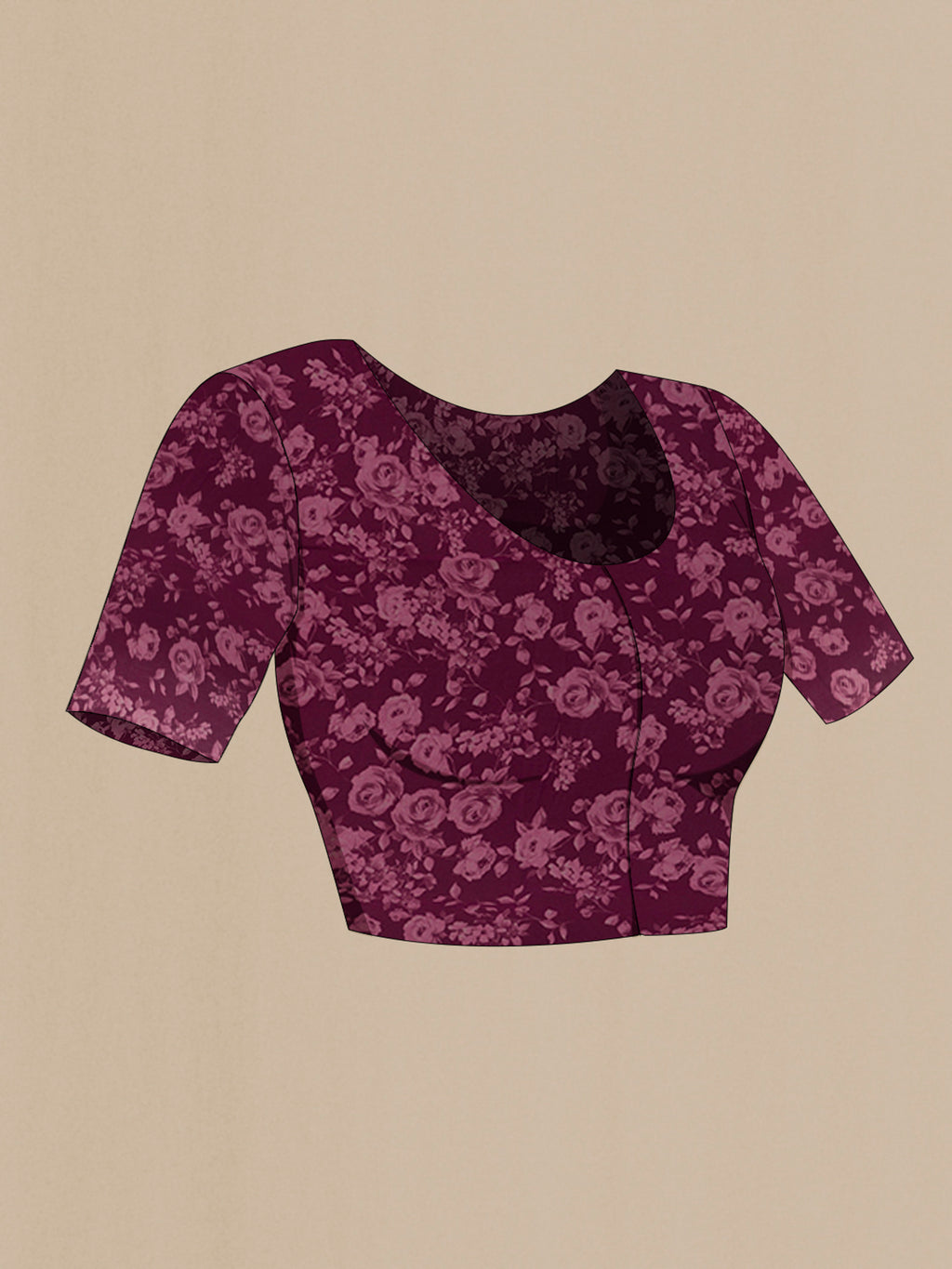 Close up image of the blouse of Maroon Chiffon Saree with Printed design on the body and Plain Border. 