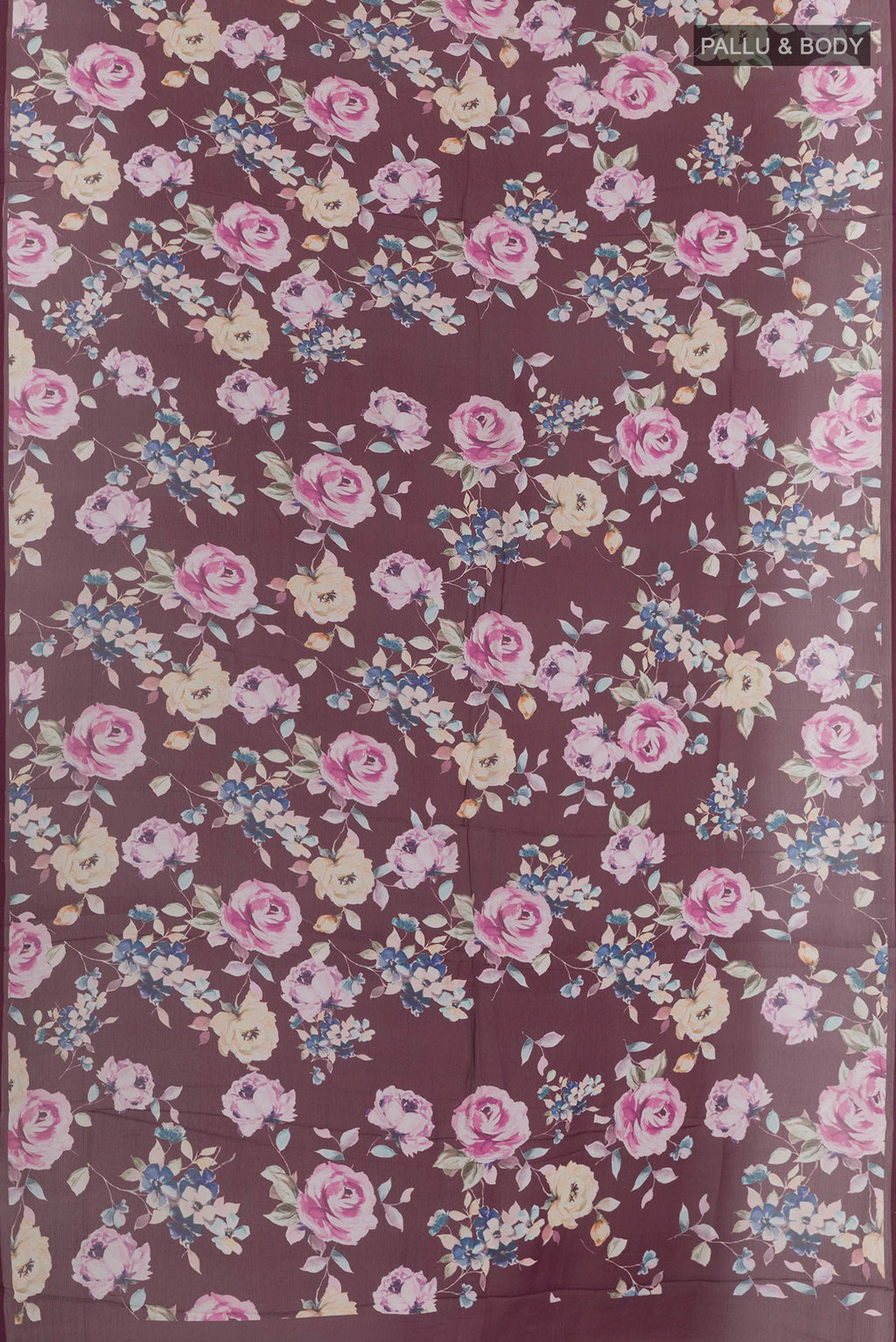 Flat view of Maroon Chiffon Saree with Printed design on the body and Plain Border. 