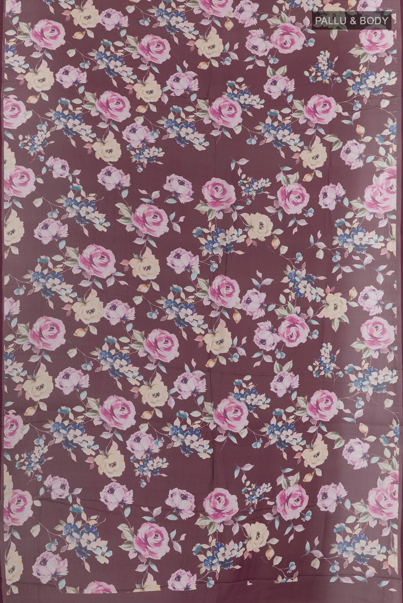 Flat view of Maroon Chiffon Saree with Printed design on the body and Plain Border. 