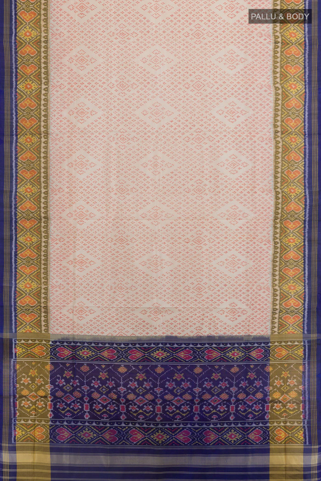 Flat view of Off White Rajkot Patola Silk Saree with Pure Ikat on the body and Zari Border. 
