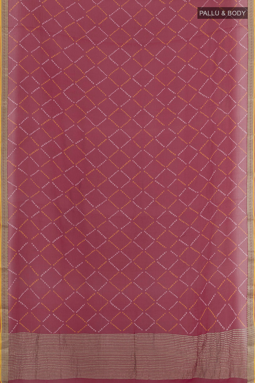 Flat view of Maroon Chiffon Saree with Printed design on the body and Zari Border. 
