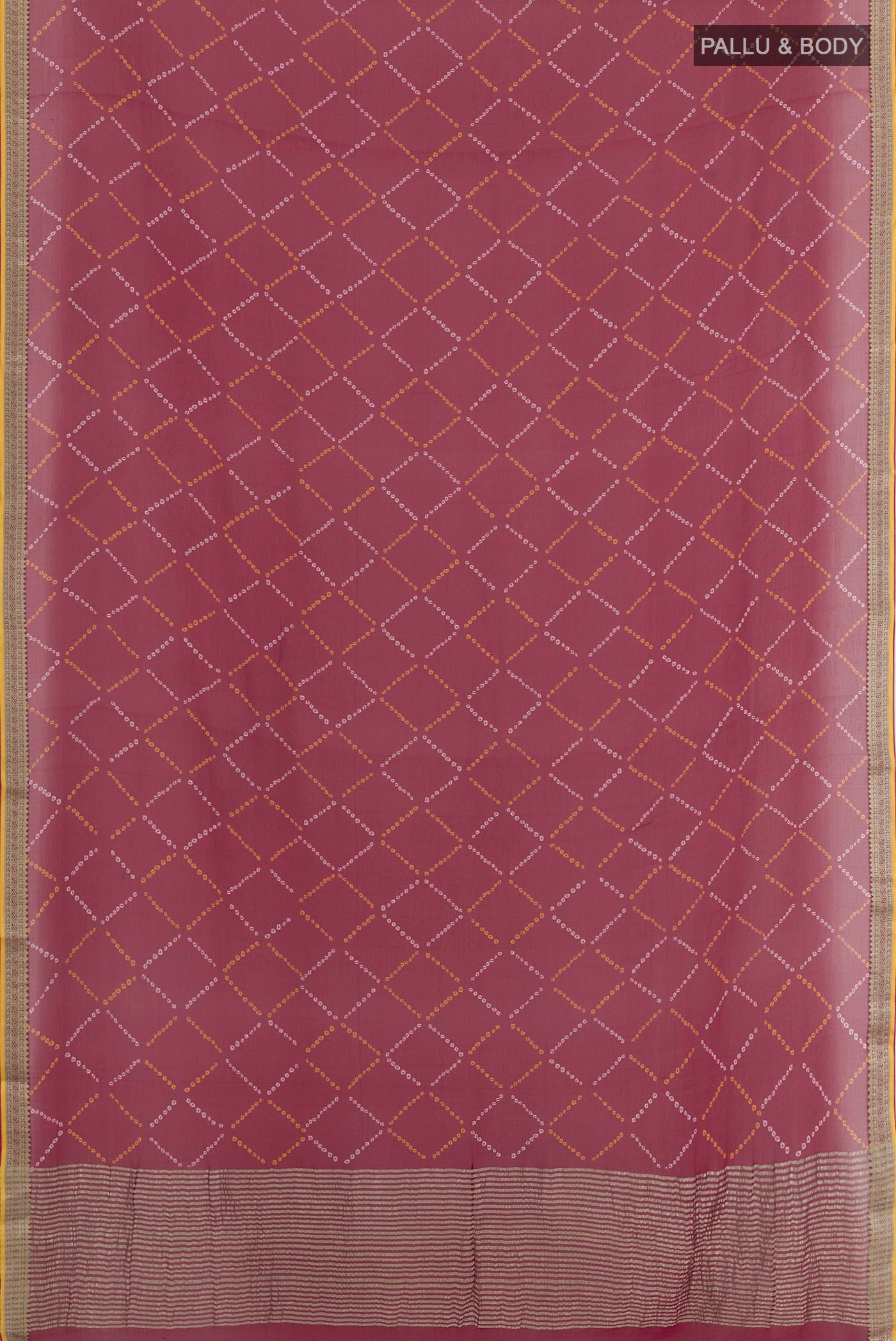 Flat view of Maroon Chiffon Saree with Printed design on the body and Zari Border. 