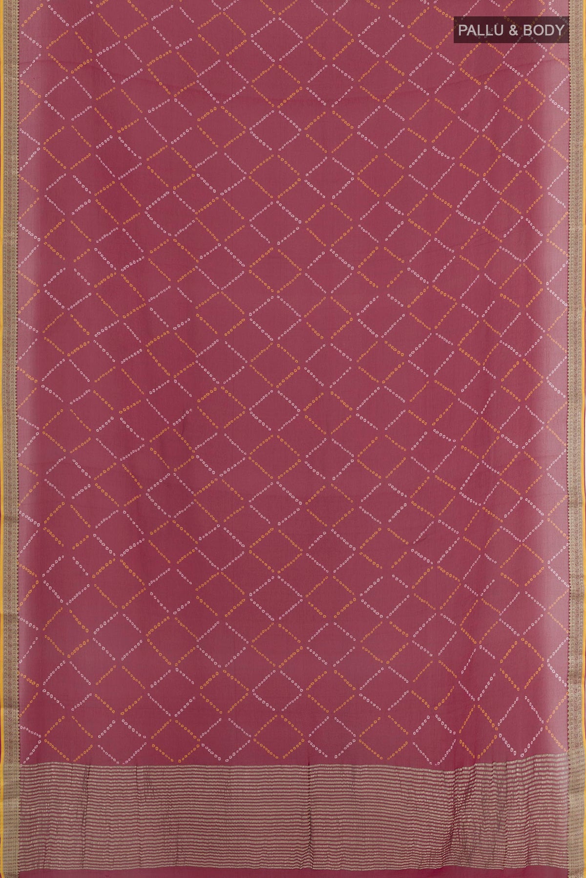 Flat view of Maroon Chiffon Saree with Printed design on the body and Zari Border. 