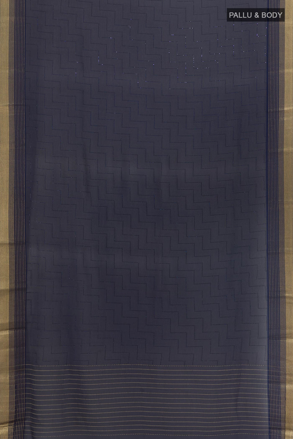 Flat view of Navy Blue Mysore Chiffon Saree with Embroidery on the body and Zari Border. 