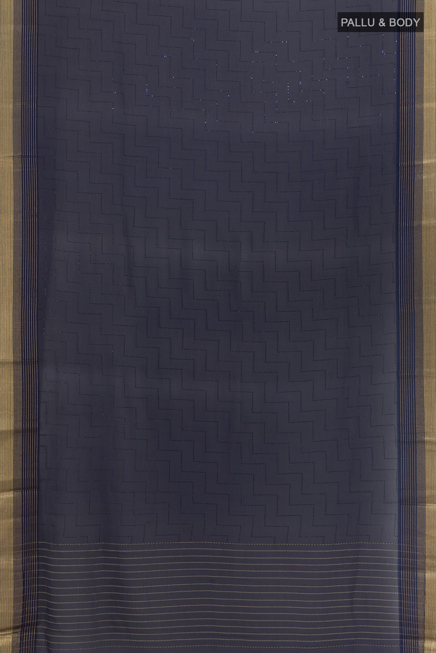 Flat view of Navy Blue Mysore Chiffon Saree with Embroidery on the body and Zari Border. 
