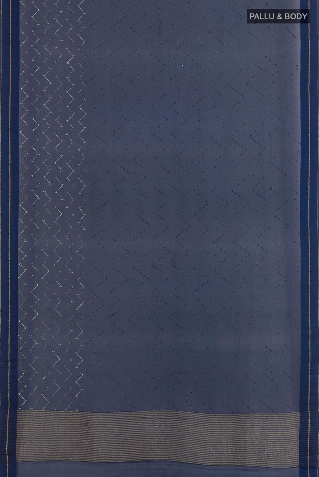 Flat view of Blue Mysore Chiffon Saree with Embroidery on the body and Zari Border. 