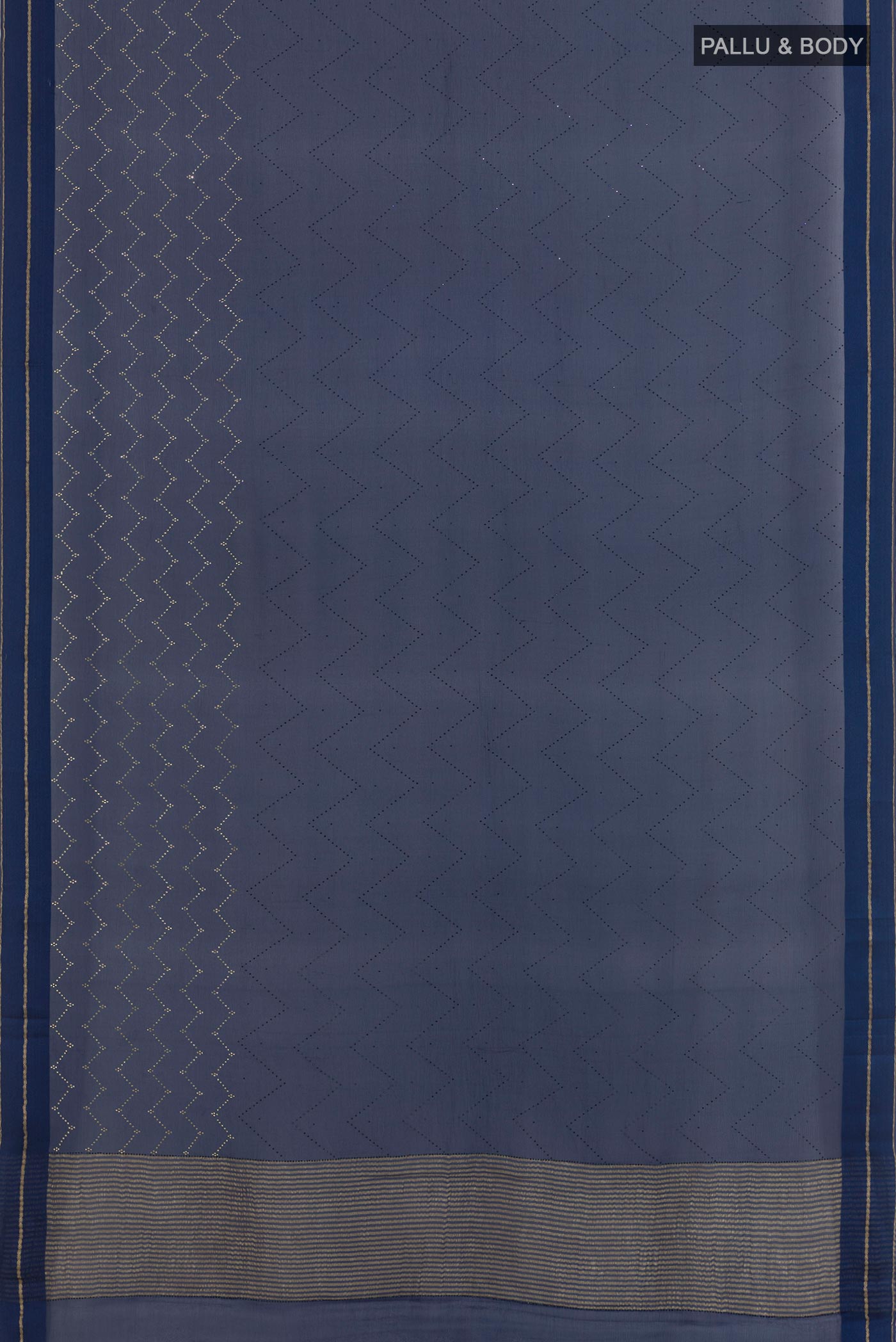 Flat view of Blue Mysore Chiffon Saree with Embroidery on the body and Zari Border. 