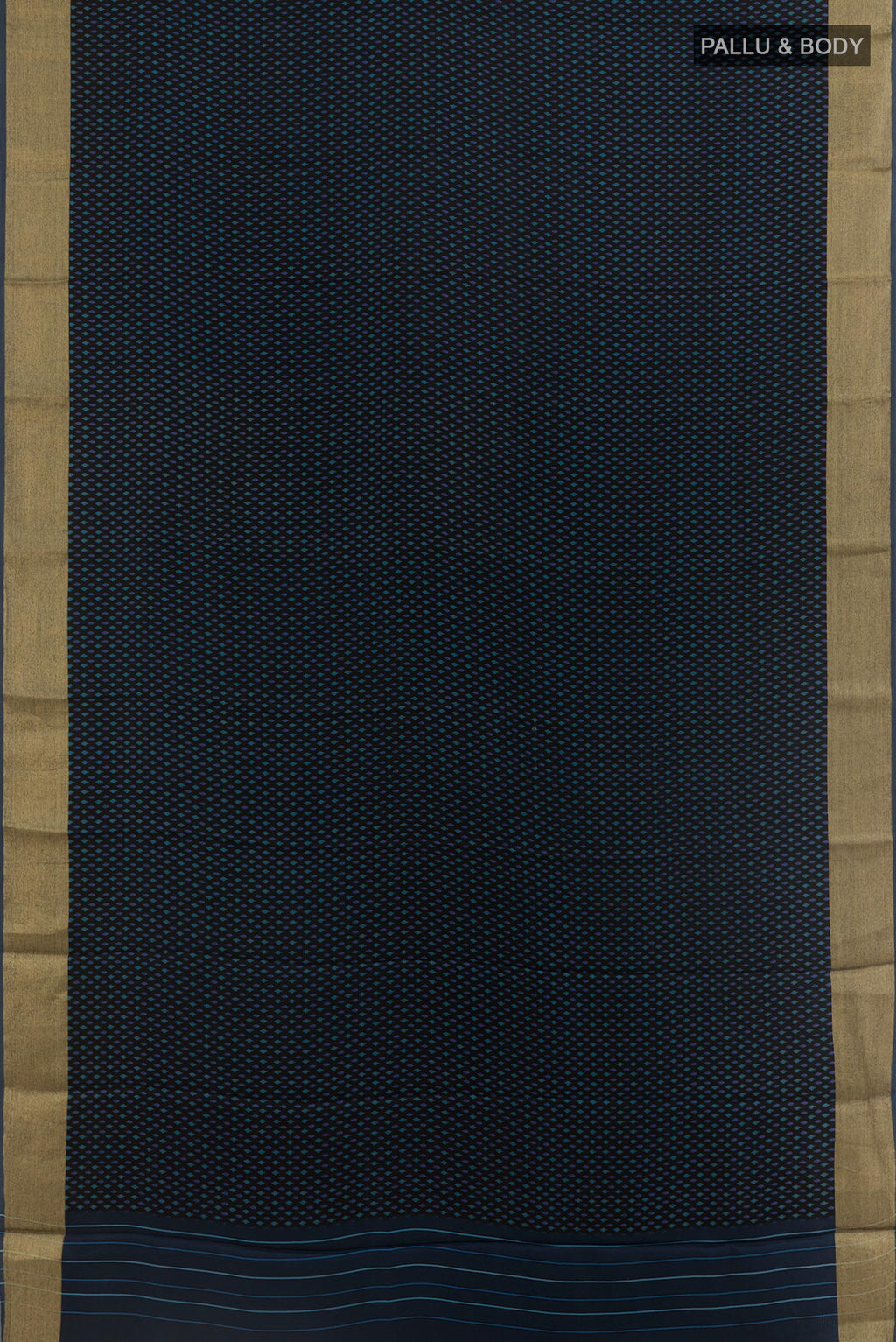 Flat view of Black Satin Silk Saree with Printed design on the body and Zari Border. 