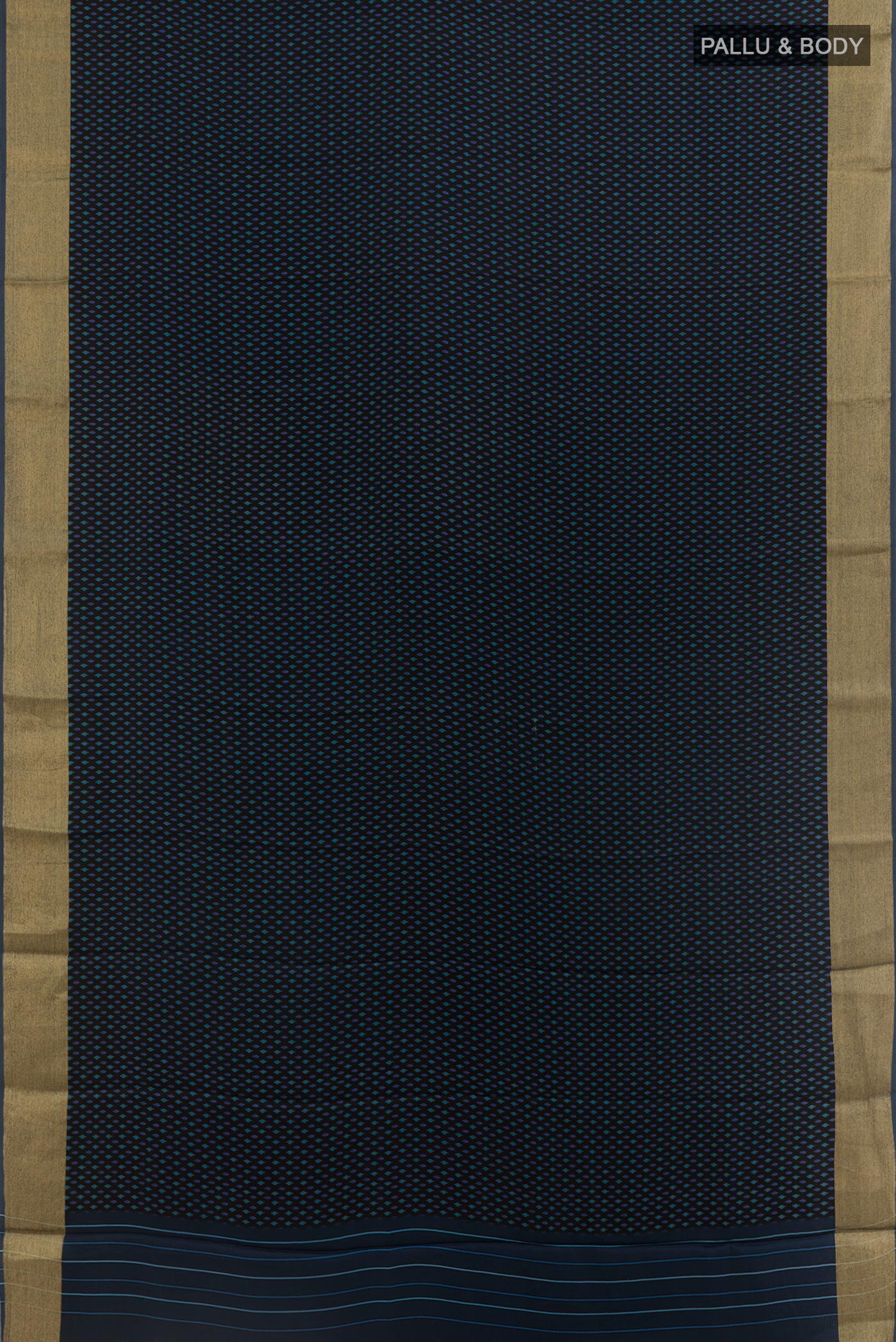 Flat view of Black Satin Silk Saree with Printed design on the body and Zari Border. 