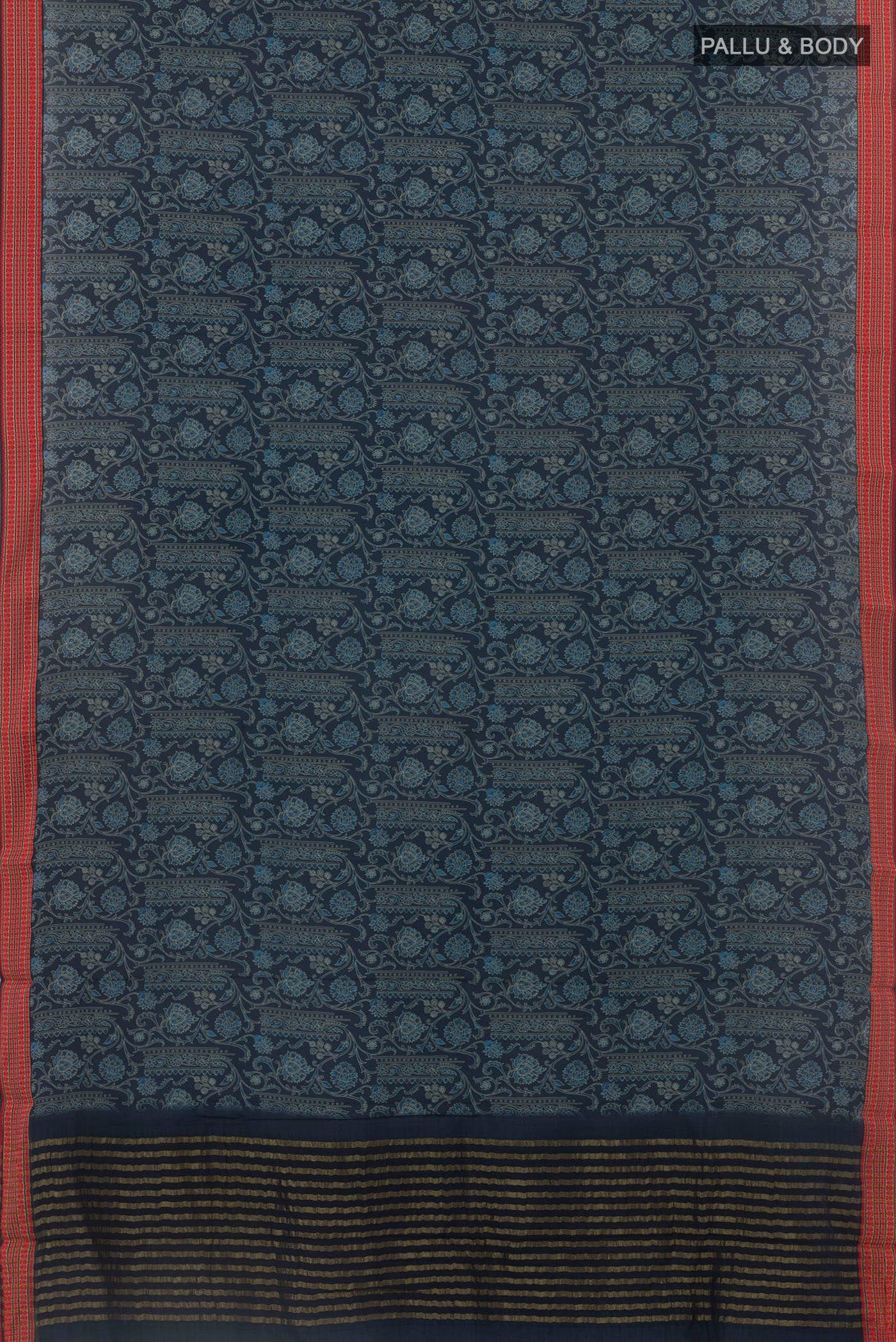Flat view of Blue Crepe Saree with Printed design on the body and Printed Border. 