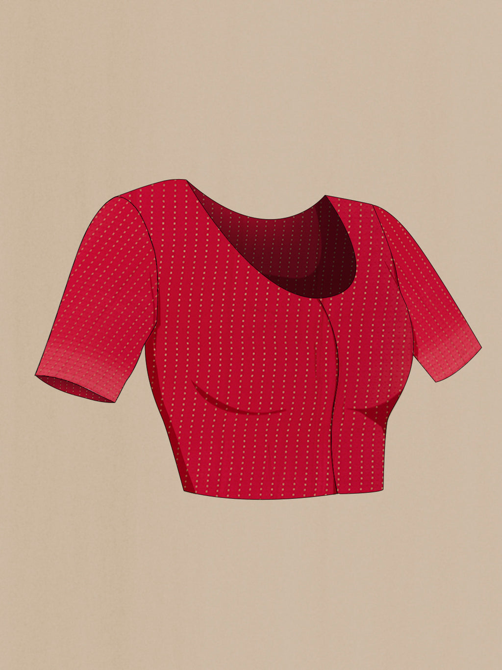 Close up image of the blouse of Red Chiffon Saree with Embroidery on the body and Zari Border. 