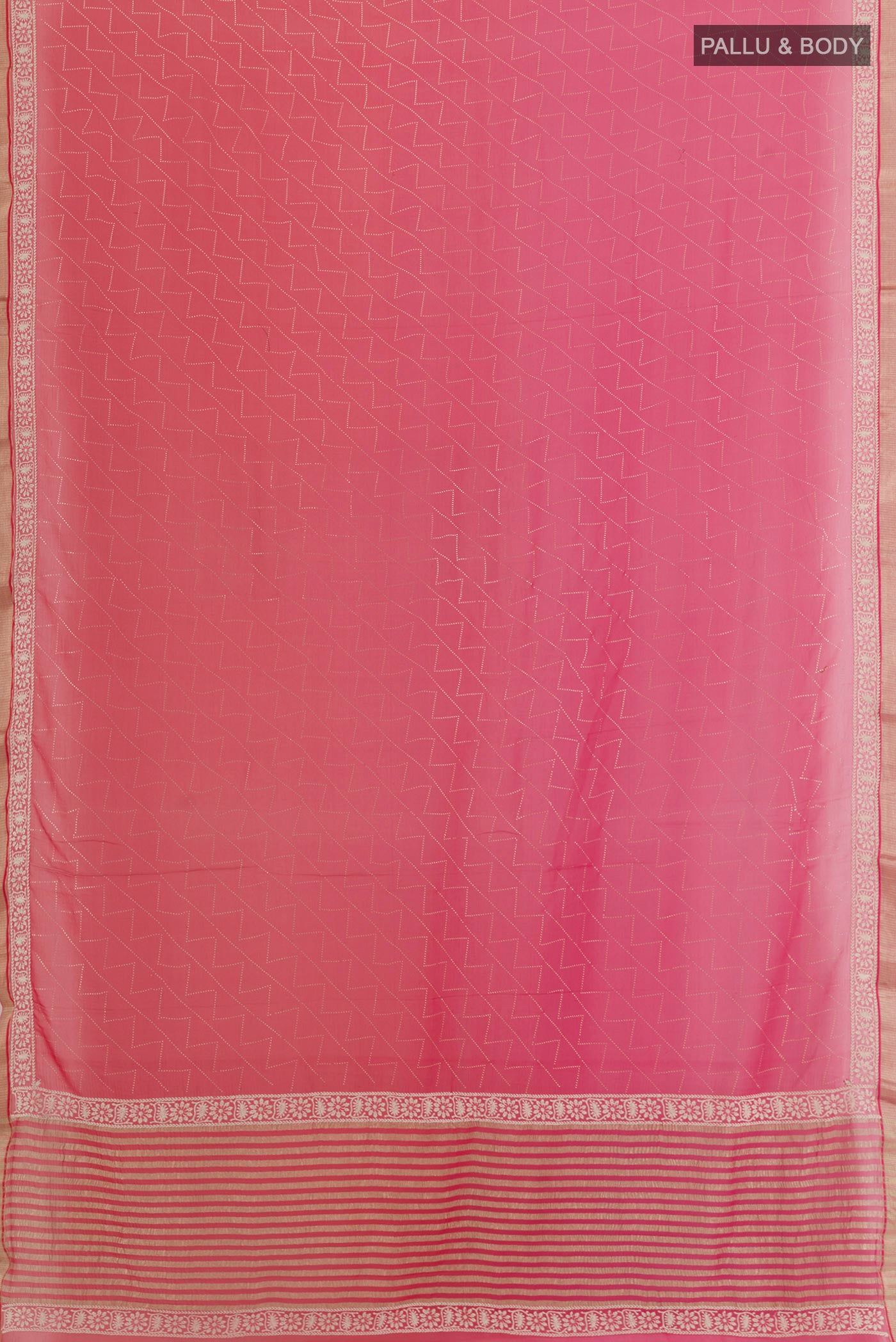 Flat view of Red Chiffon Saree with Embroidery on the body and Zari Border. 