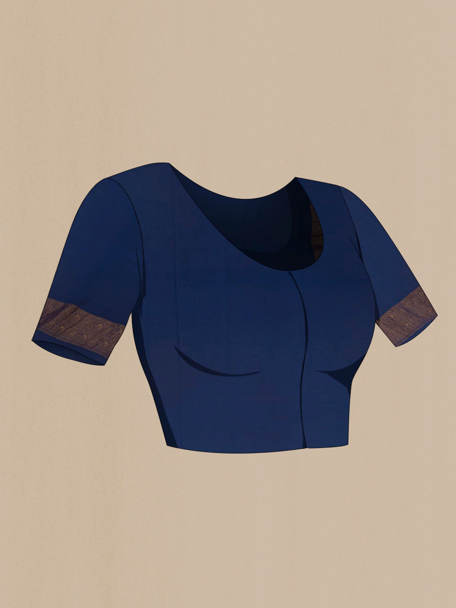 Close up image of the blouse of Blue Mysore Crepe Saree with Zari Butta on the body and Plain Border. 
