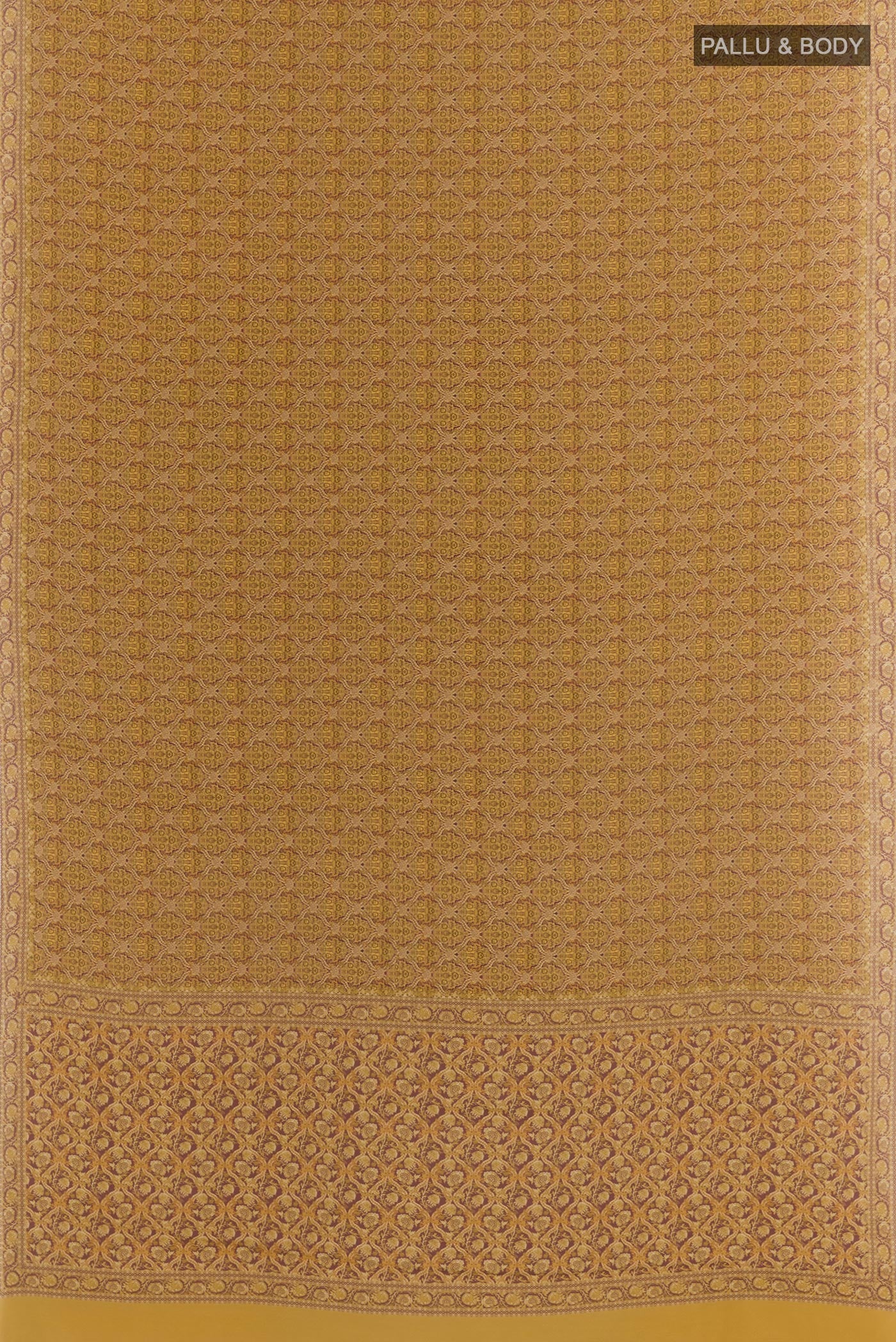 Flat view of Yellow Crepe Saree with Printed design on the body and Printed Border. 