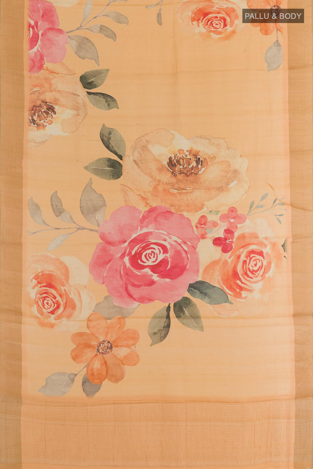 Flat view of Sandal Tussar Silk Saree with Printed design on the body and Zari Border. 