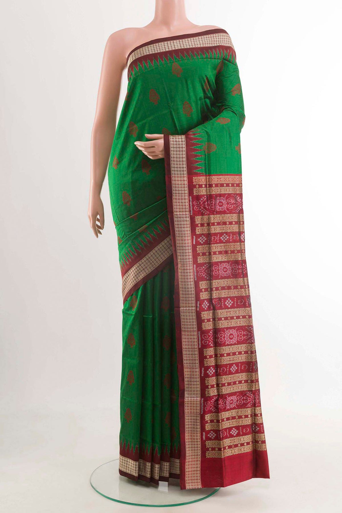 Green Orissa Silk Saree with Thread Butta on the body and Zari Border displayed on a mannequin