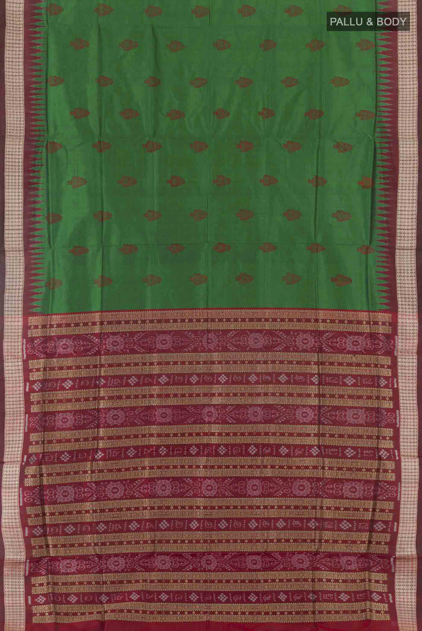Flat view of Green Orissa Silk Saree with Thread Butta on the body and Zari Border