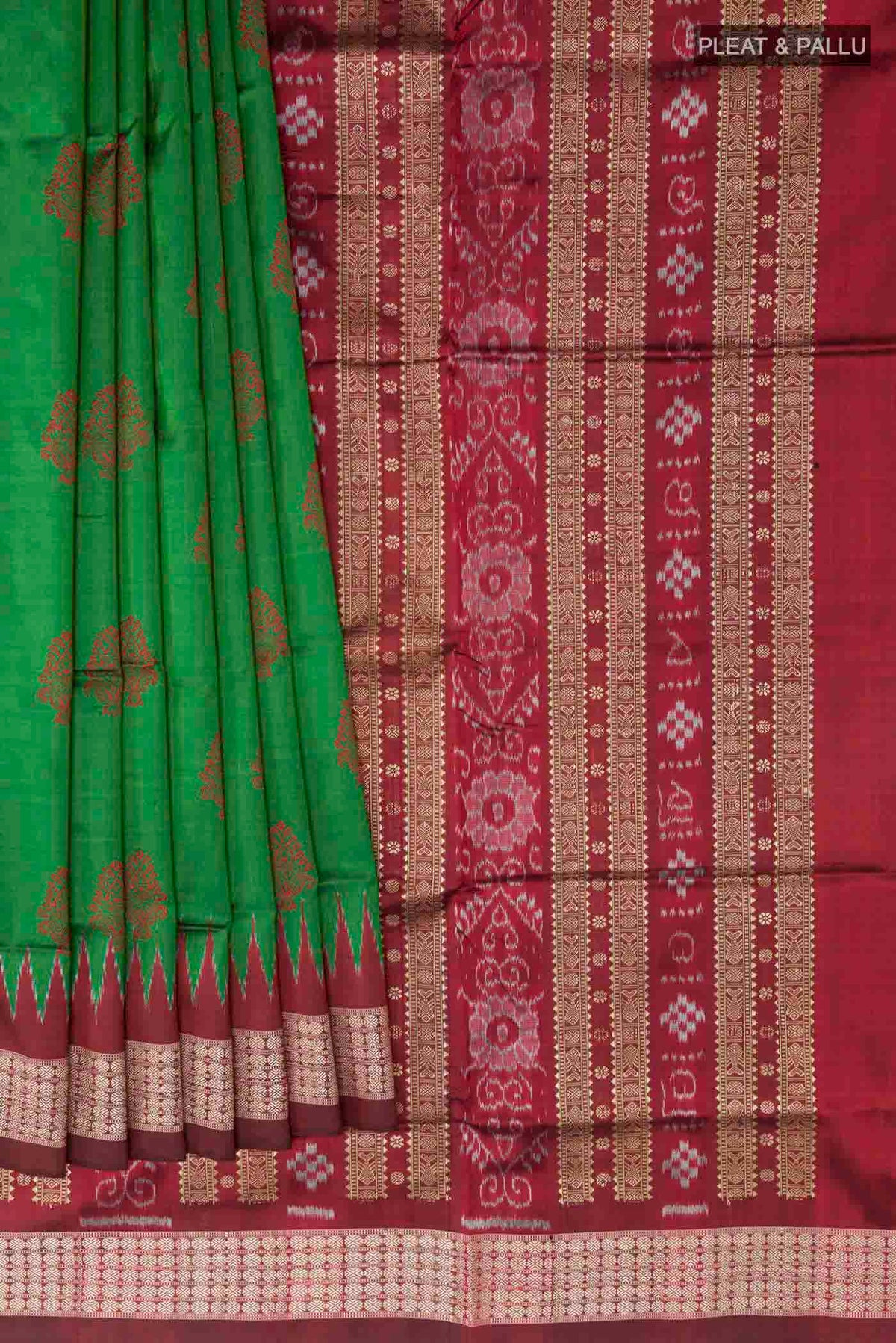 Pleats and pallu of Green Orissa Silk Saree with Thread Butta on the body and Zari Border