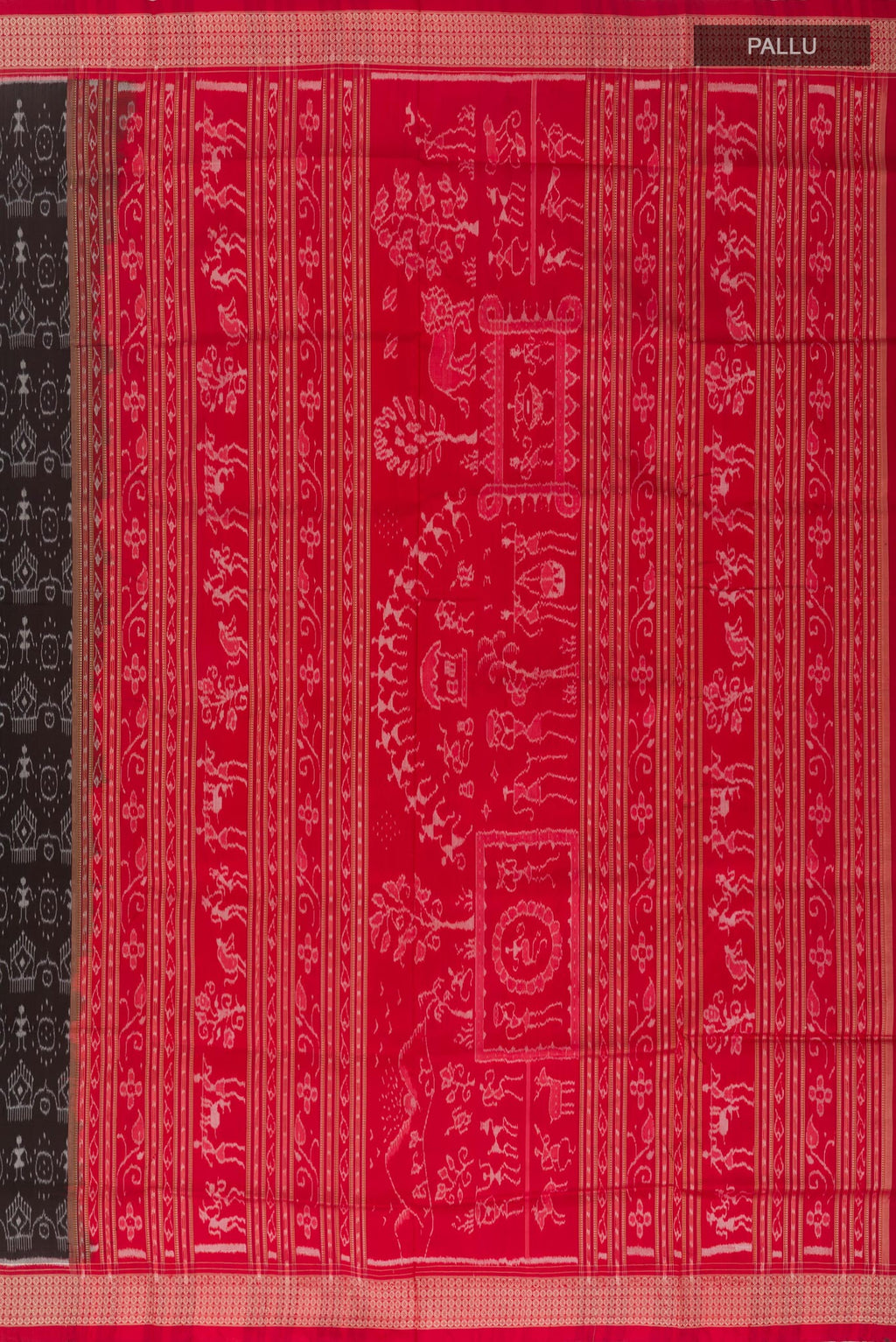Close up image of the pallu of Black Orissa Silk Saree with Pure Ikat on the body and Ikat Border. 