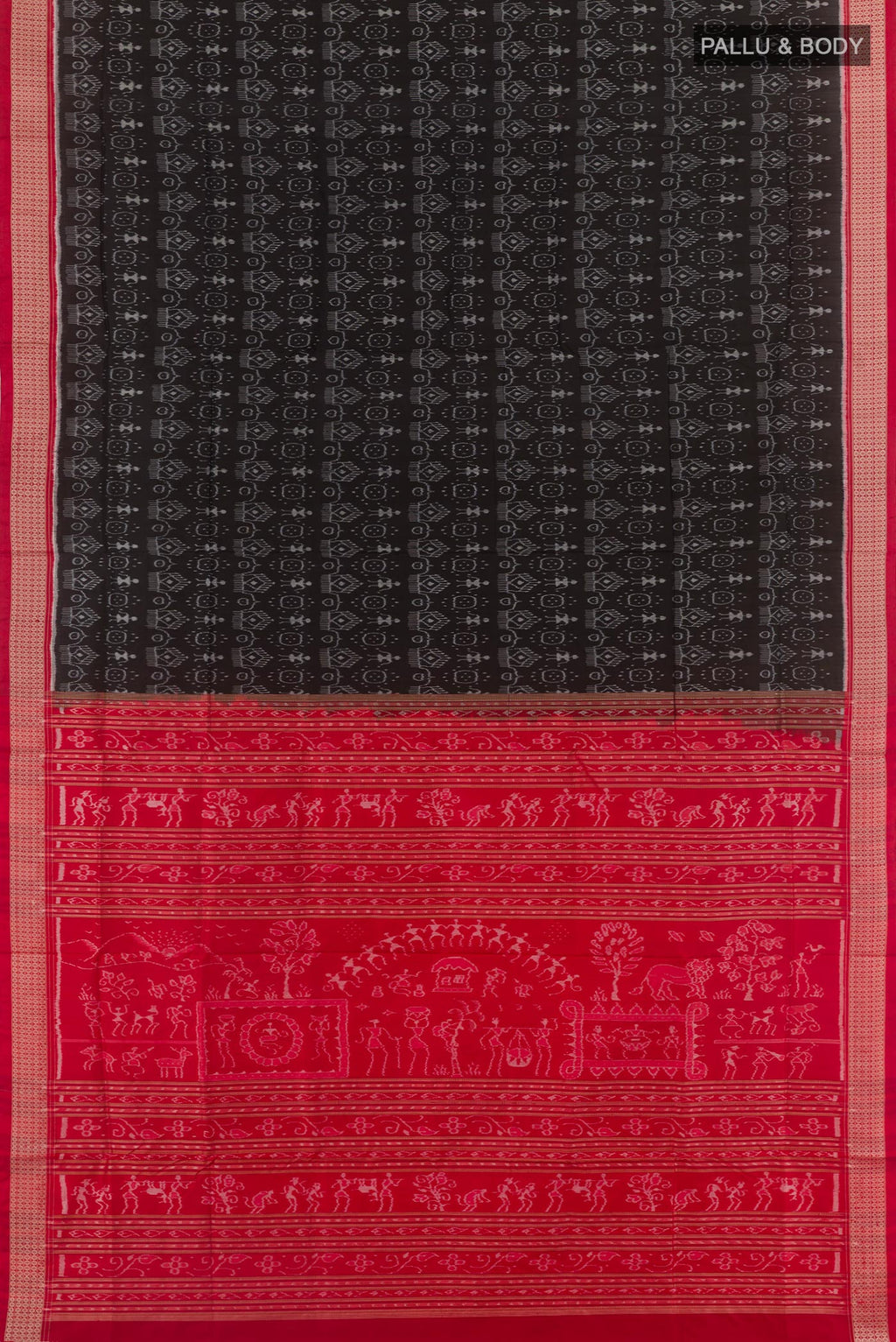 Flat view of Black Orissa Silk Saree with Pure Ikat on the body and Ikat Border. 