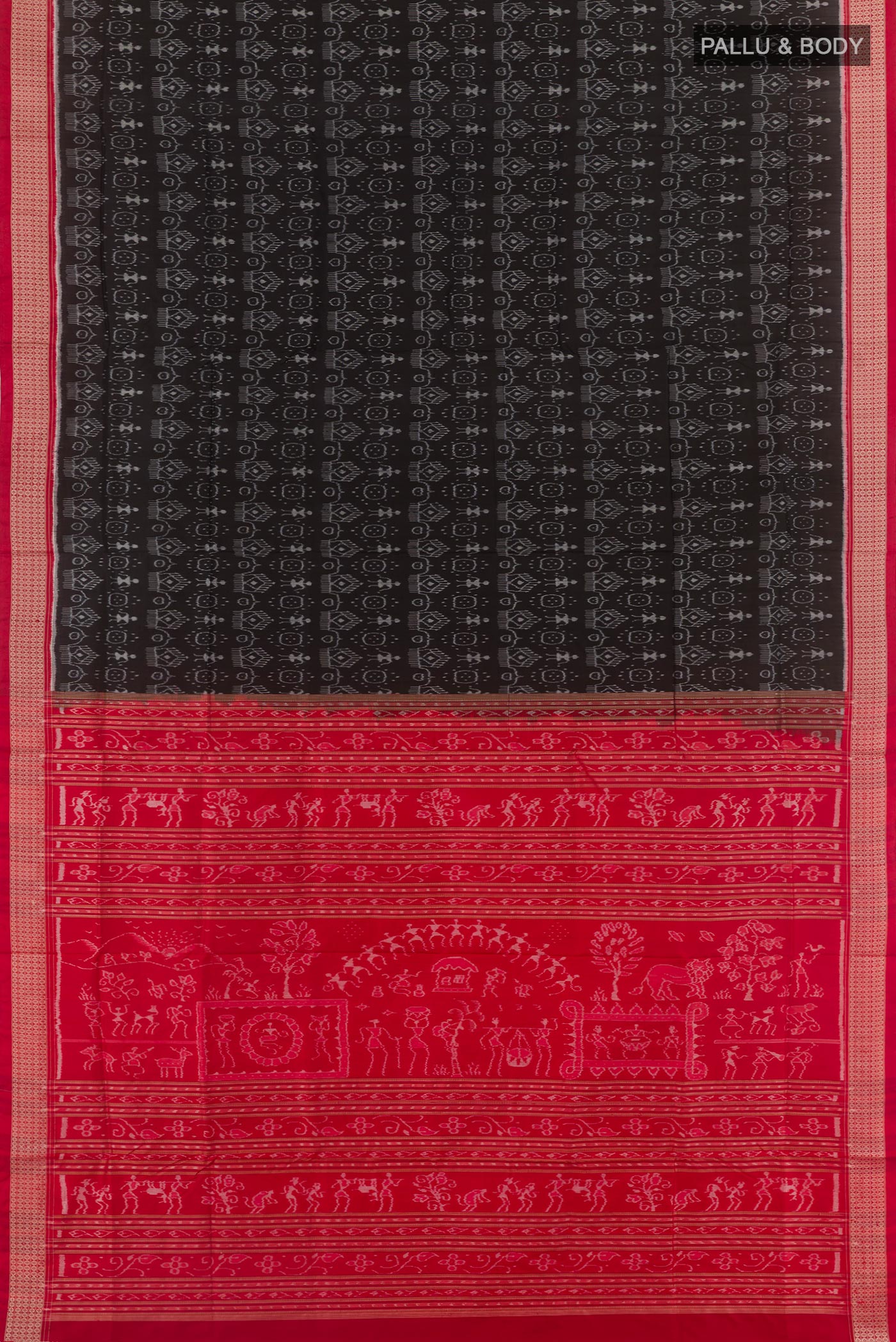 Flat view of Black Orissa Silk Saree with Pure Ikat on the body and Ikat Border. 