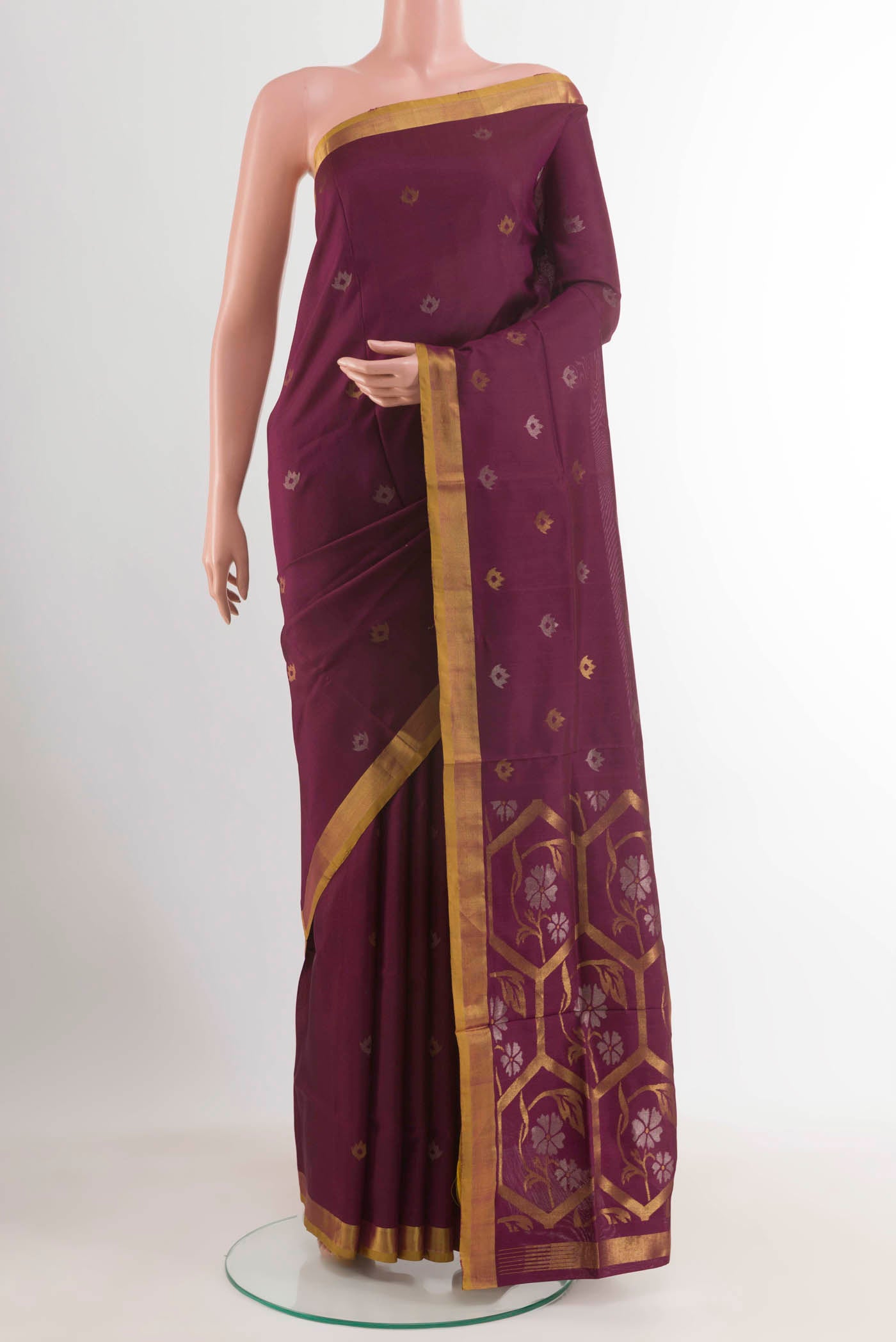 Purple Uppada Silk Saree with Zari Butta on the body and Zari Border displayed on a mannequin