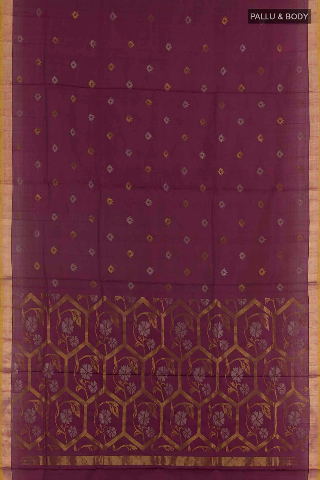 Flat view of Purple Uppada Silk Saree with Zari Butta on the body and Zari Border