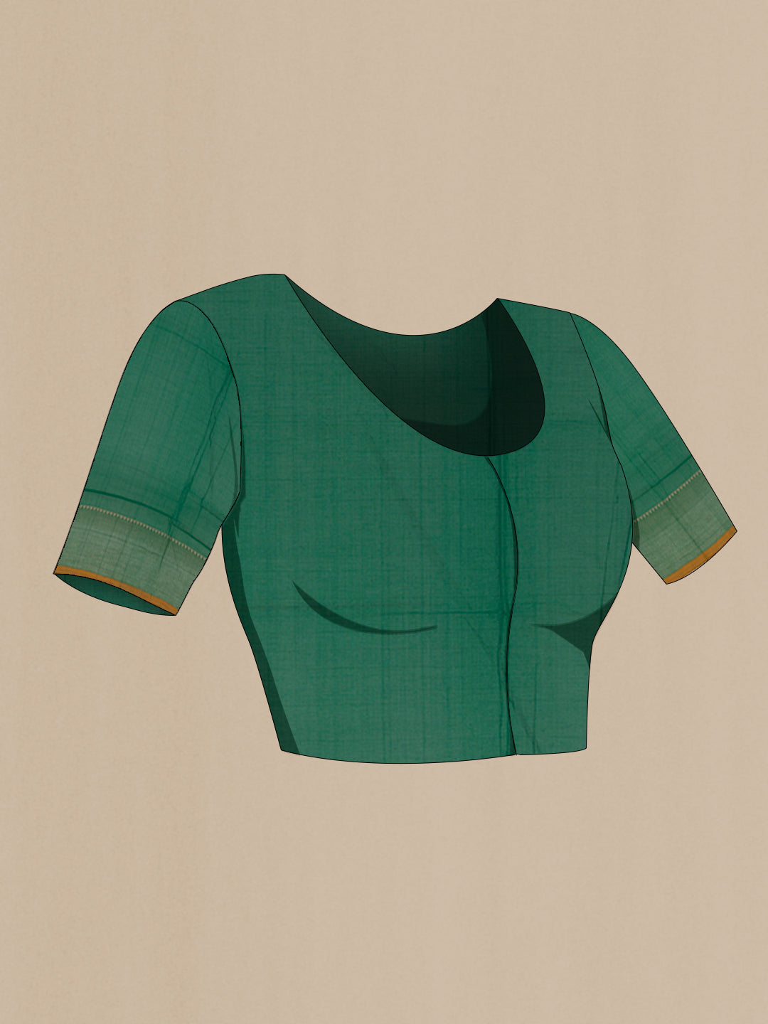 Close up image of the blouse of Green Coimbatore Cotton Saree with Thread Butta on the body and Thread Border. 