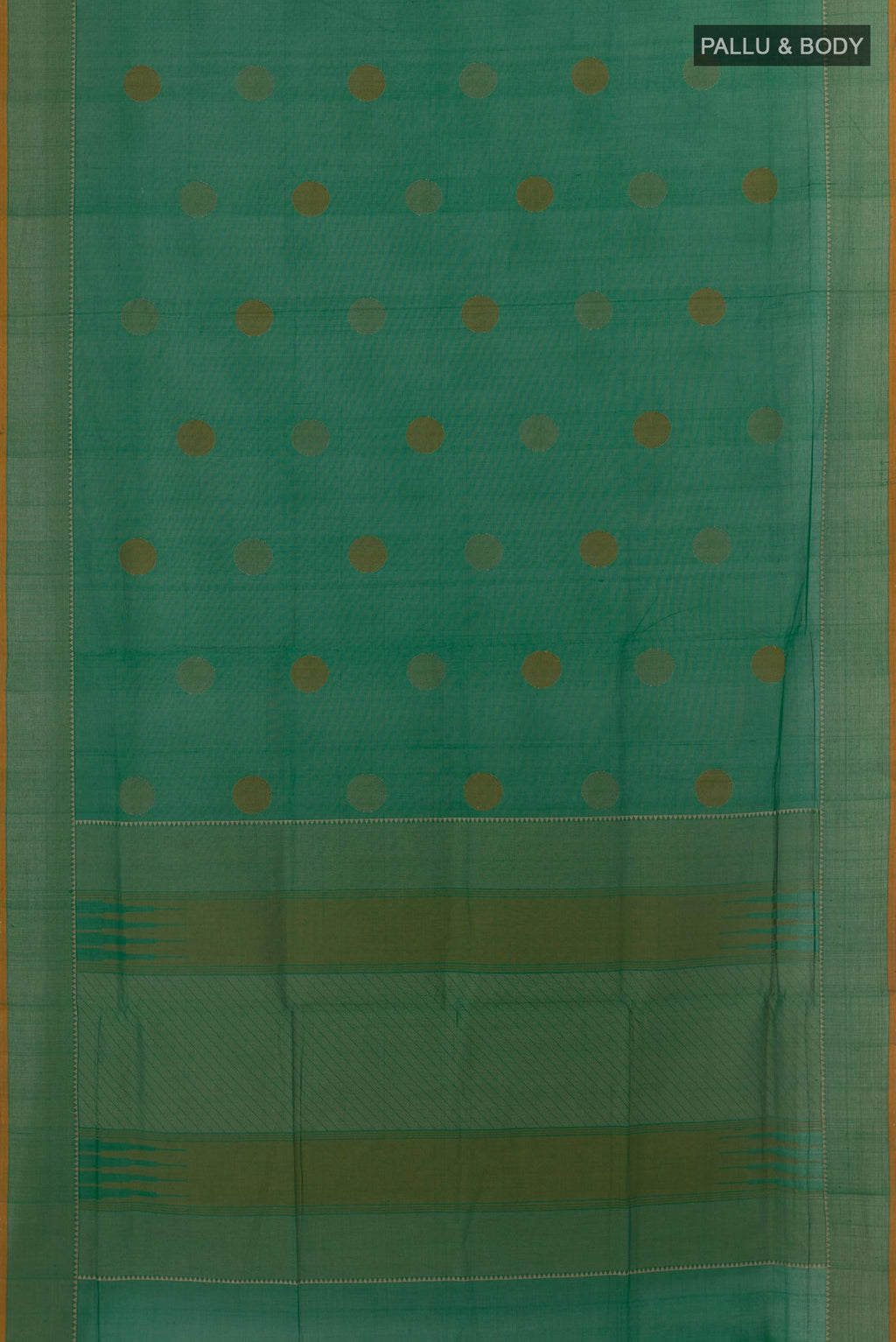 Flat view of Green Coimbatore Cotton Saree with Thread Butta on the body and Thread Border. 