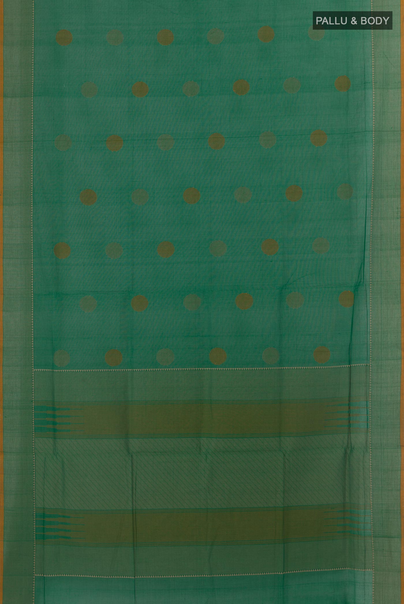 Flat view of Green Coimbatore Cotton Saree with Thread Butta on the body and Thread Border. 