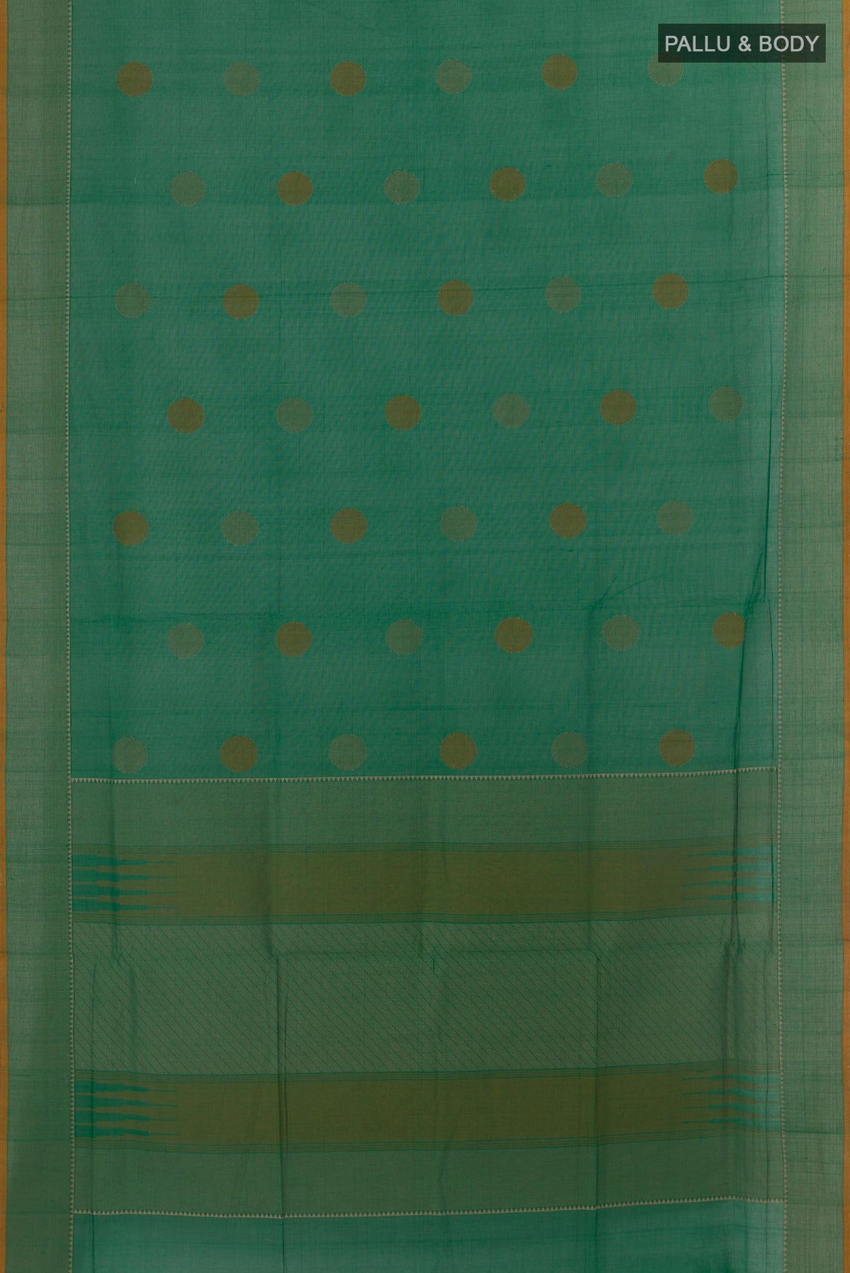 Flat view of Green Coimbatore Cotton Saree with Thread Butta on the body and Thread Border. 