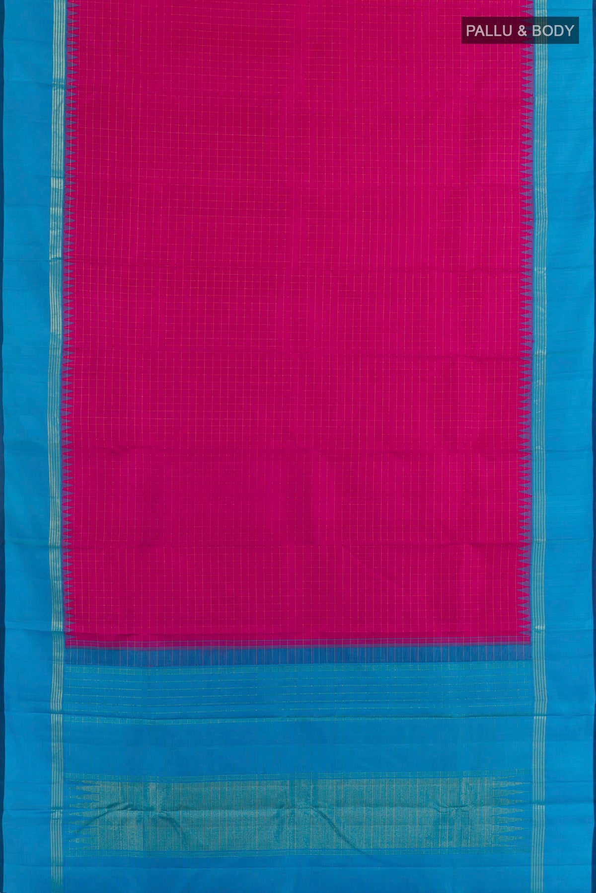 Flat view of Rani Pink Kanjivaram Silk Saree with Checked design on the body and Zari Border. 