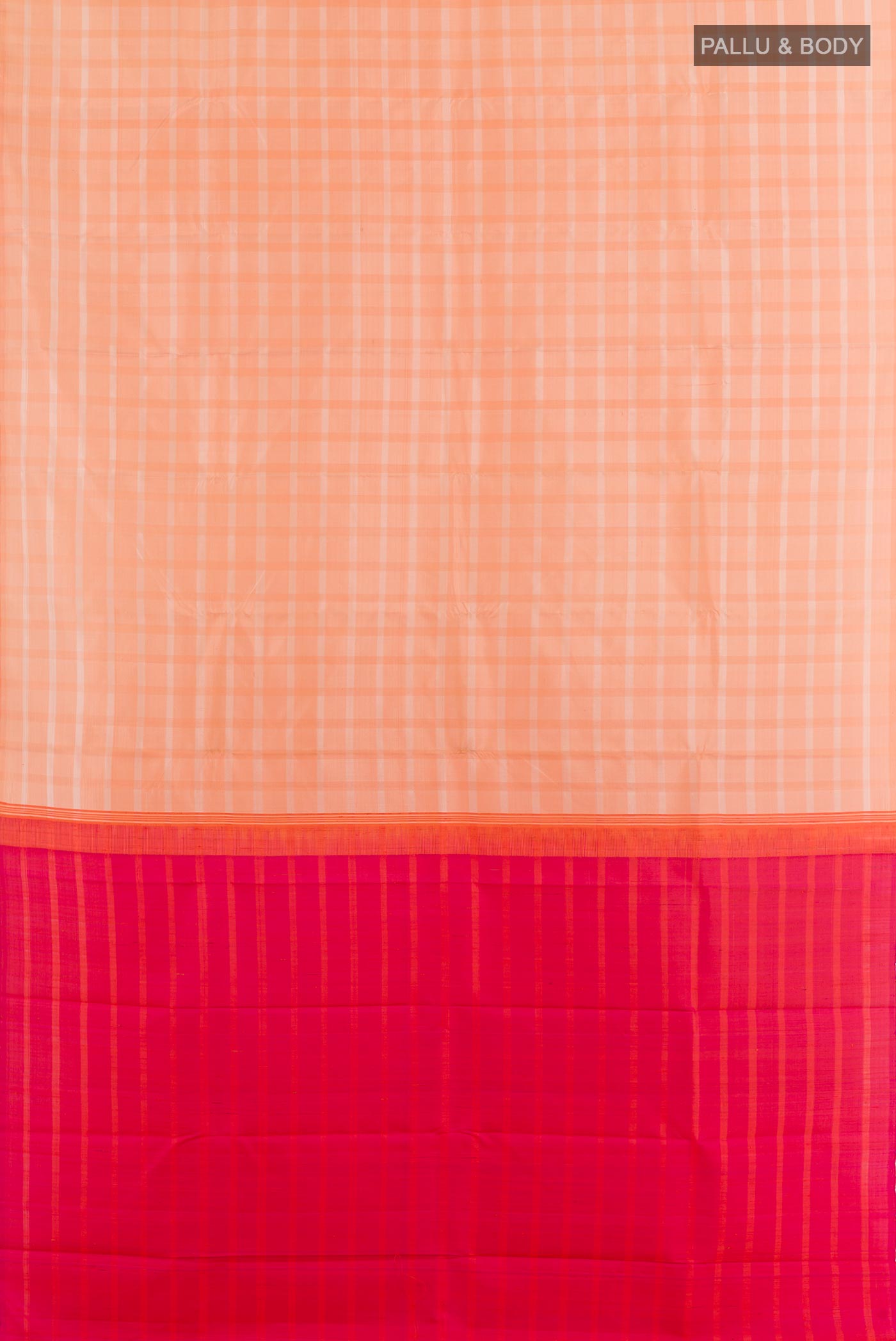 Flat view of Rose pink Kanjivaram Silk Saree with Checked design on the body and Without Border. 