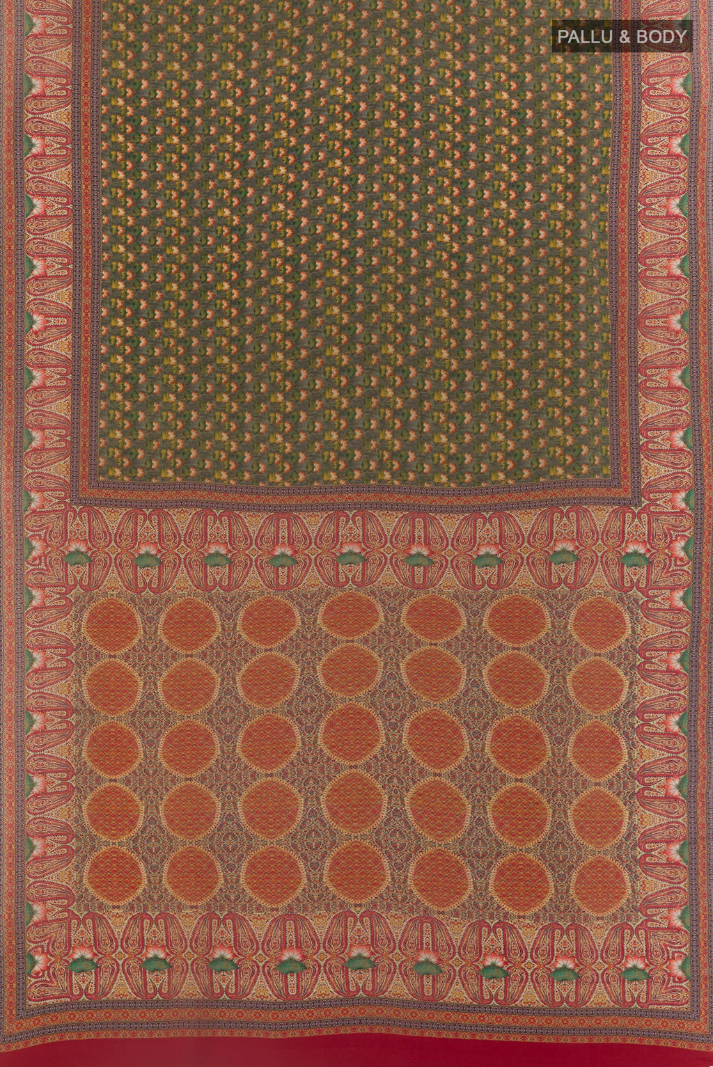 Flat view of Grey Mysore Crepe Saree with Printed design on the body and Printed Border. 
