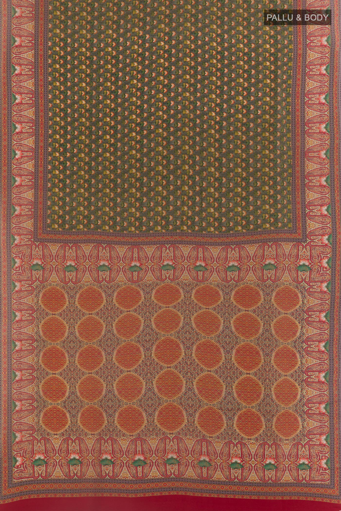 Flat view of Grey Mysore Crepe Saree with Printed design on the body and Printed Border. 