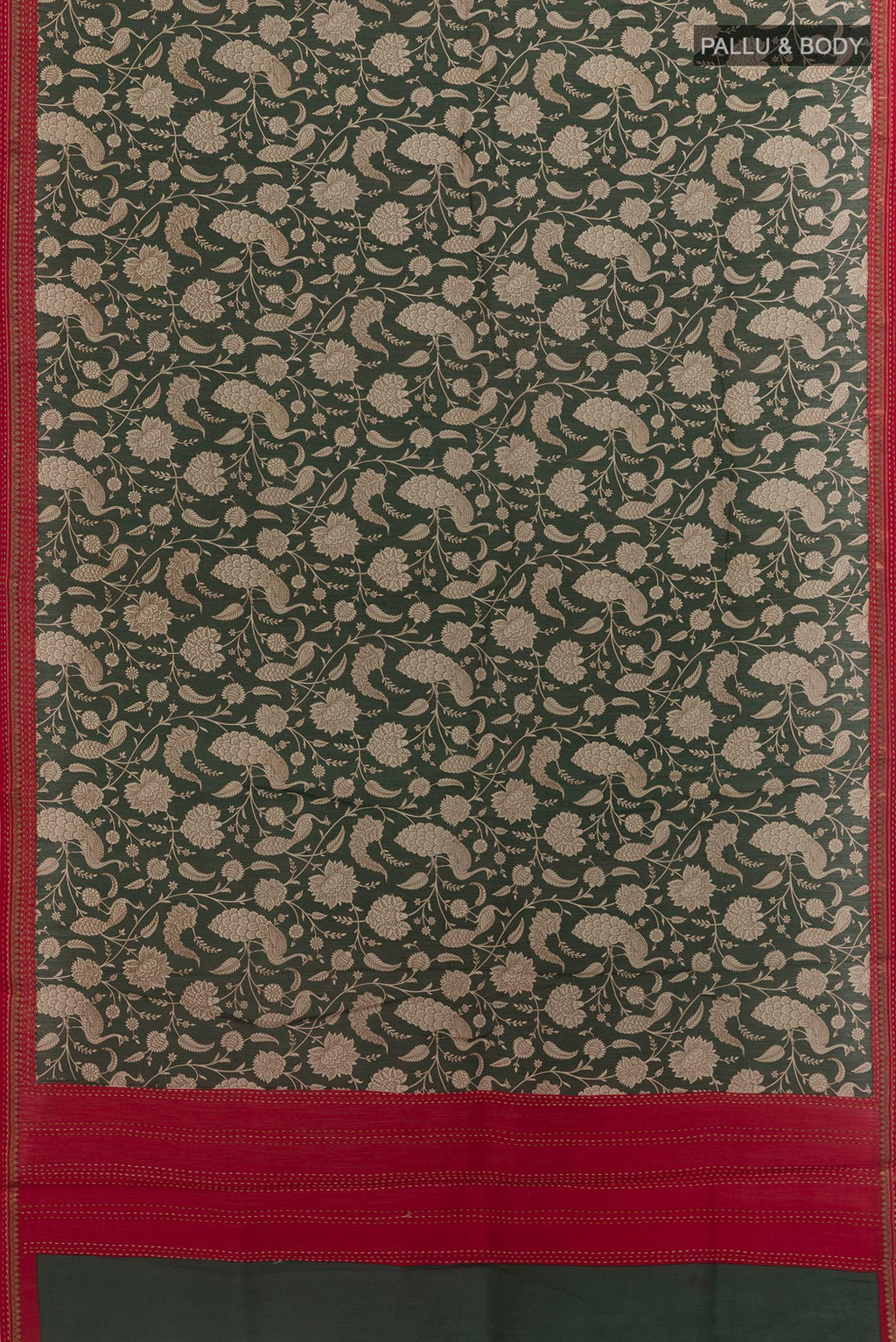 Flat view of Green Tussar Silk Saree with Printed design on the body and Zari Border. 