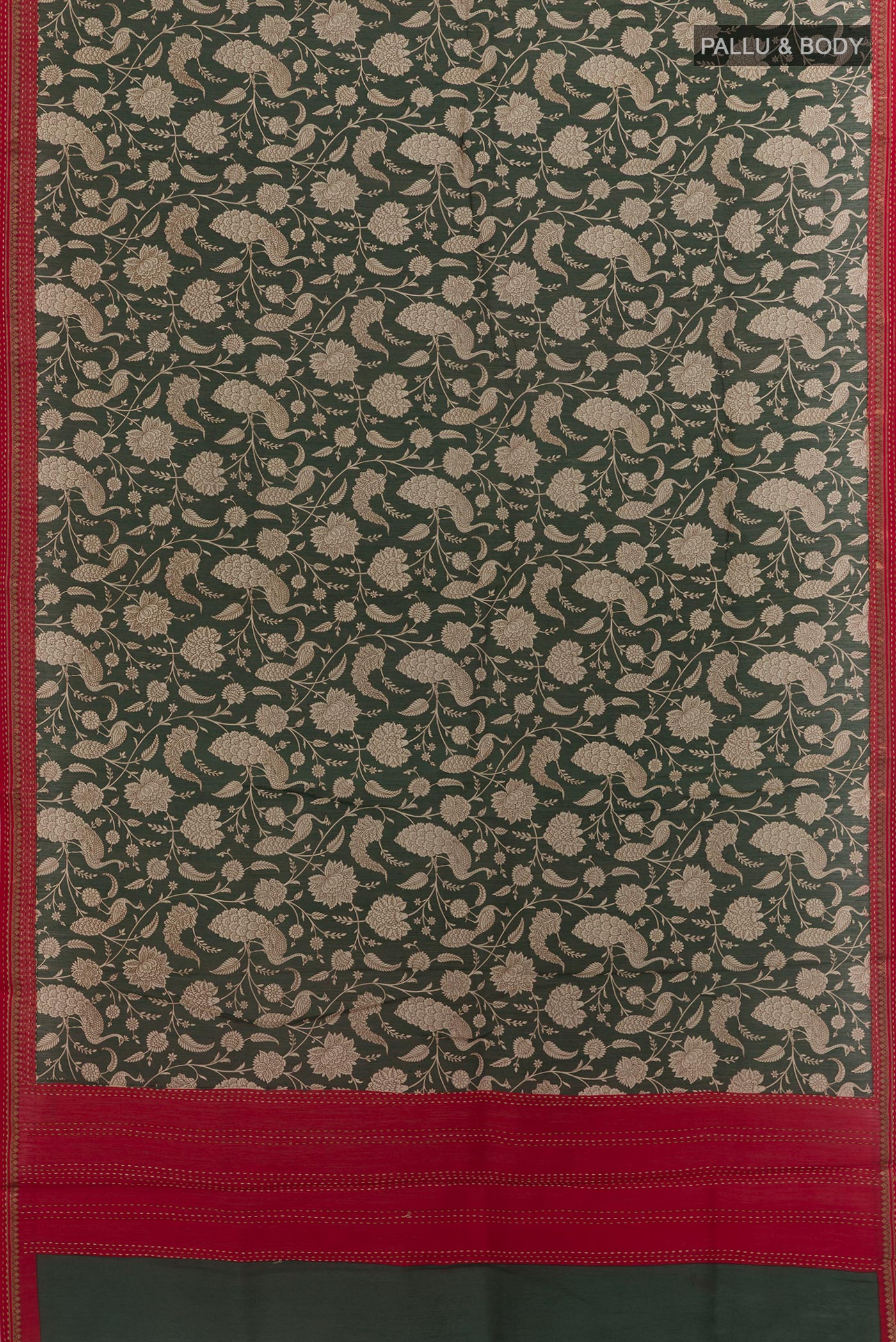 Flat view of Green Tussar Silk Saree with Printed design on the body and Zari Border. 