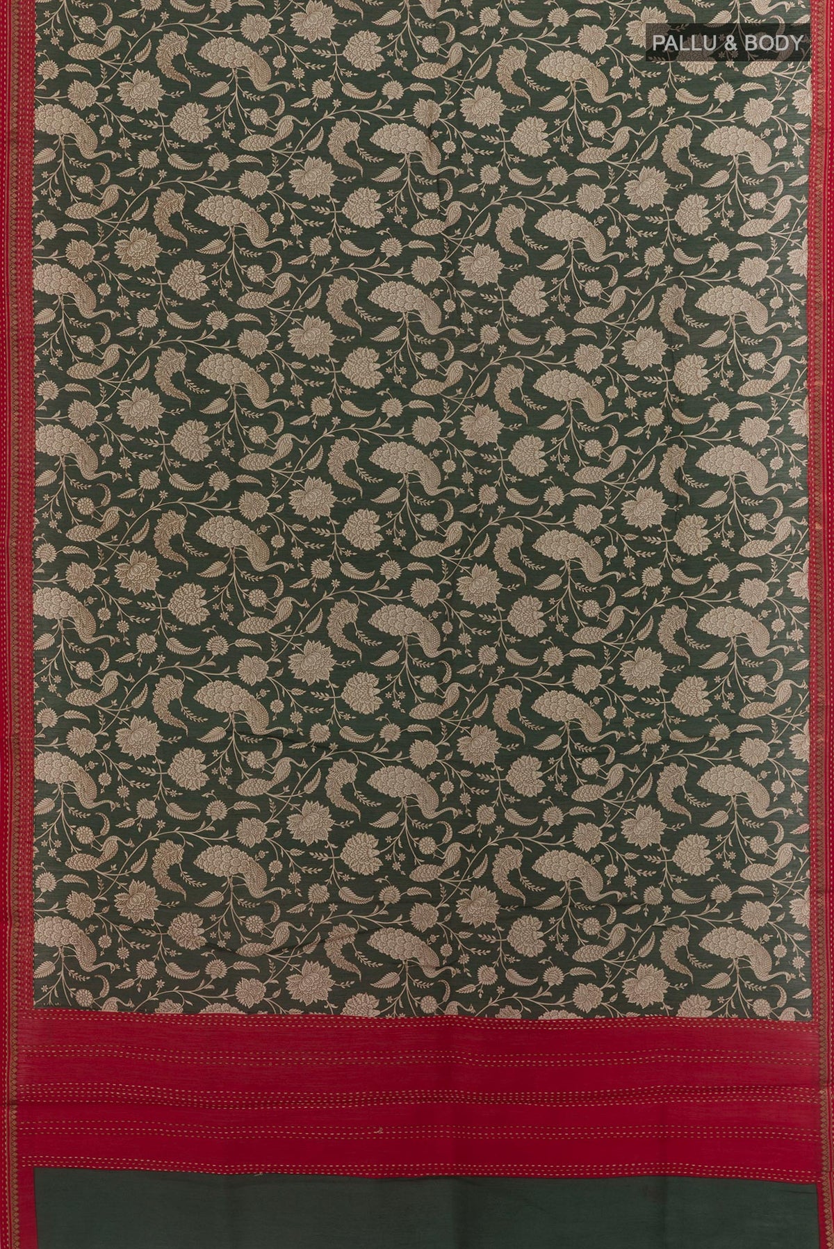 Flat view of Green Tussar Silk Saree with Printed design on the body and Zari Border. 