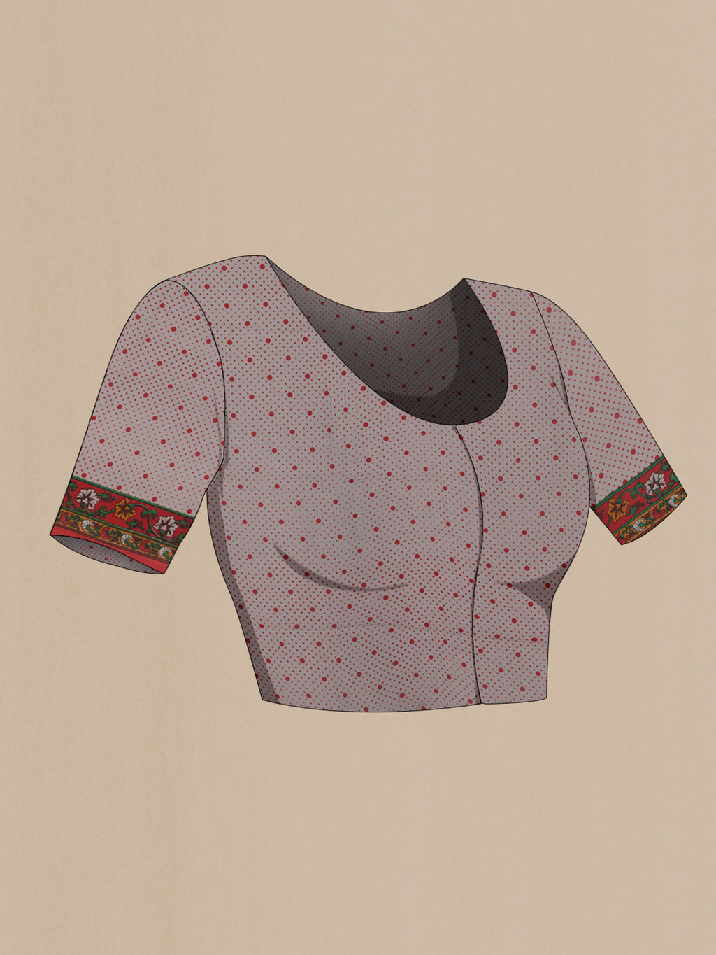 Close up image of the blouse of Grey Printed Silk Saree with Printed design on the body and Printed Border. 