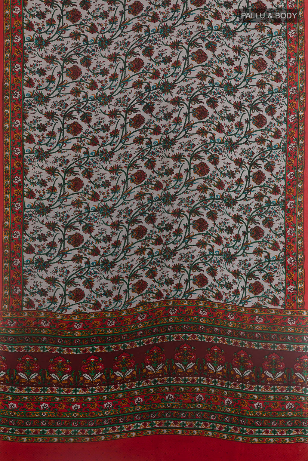 Flat view of Grey Printed Silk Saree with Printed design on the body and Printed Border. 
