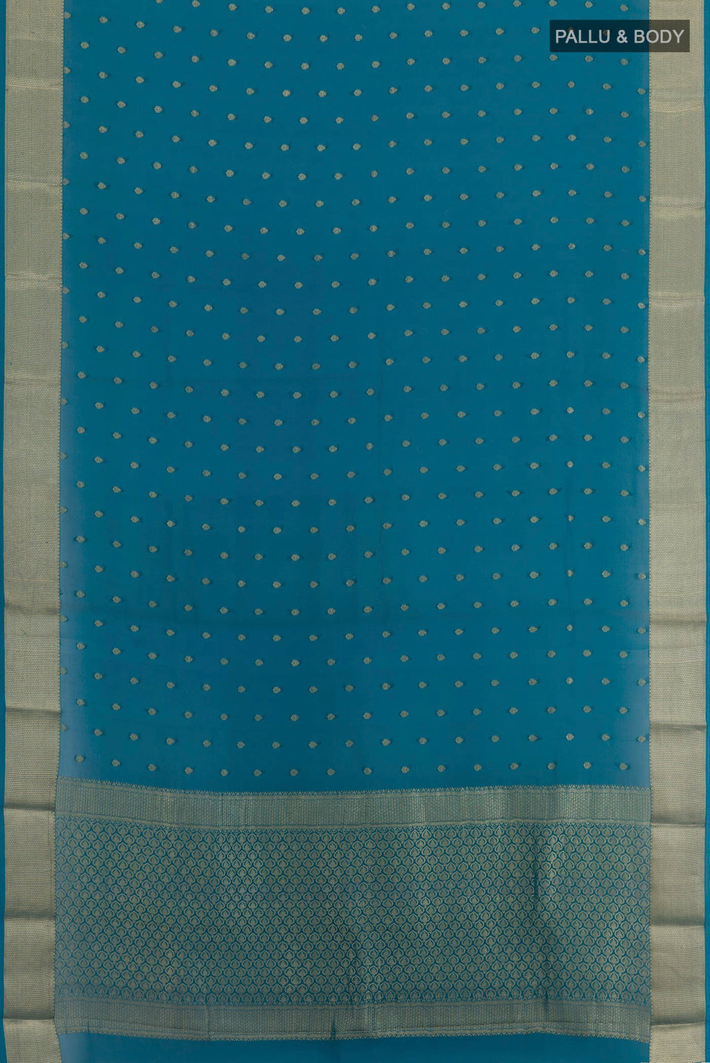 Flat view of Blue Chiffon Saree with Zari Butta on the body and Zari Border. 
